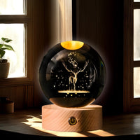 CRAE 3D Deer Crystal Ball Night Lamp, LED Glass Ball Table Lamp with Wooden Base for Home Decor, Office, Birthday Gift (Deer)