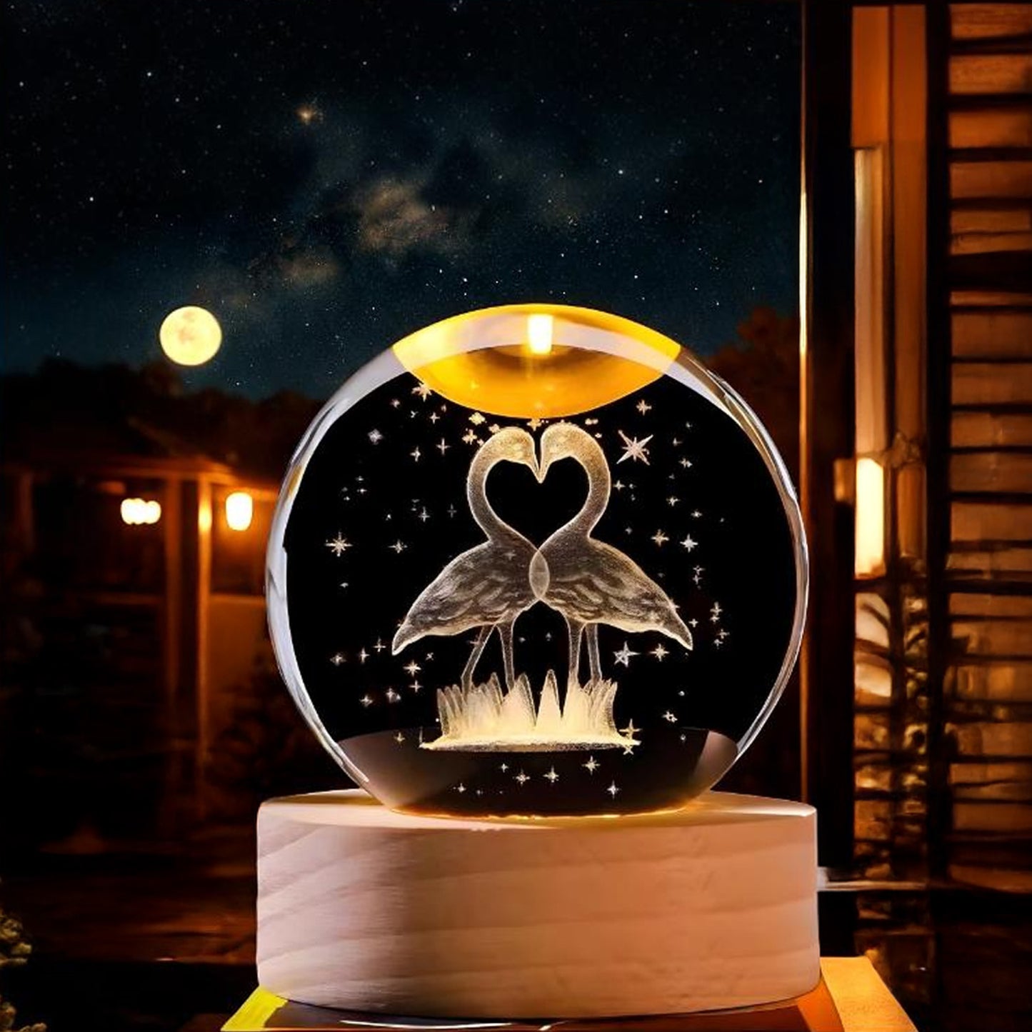 CRAE 3D Crystal Flamingo Ball Night Lamp | Glass Ball Night LED Lamp with Wooden Base for Couple, Home, Office, Birthday Gift | Symbol for Love | (Flamingo)