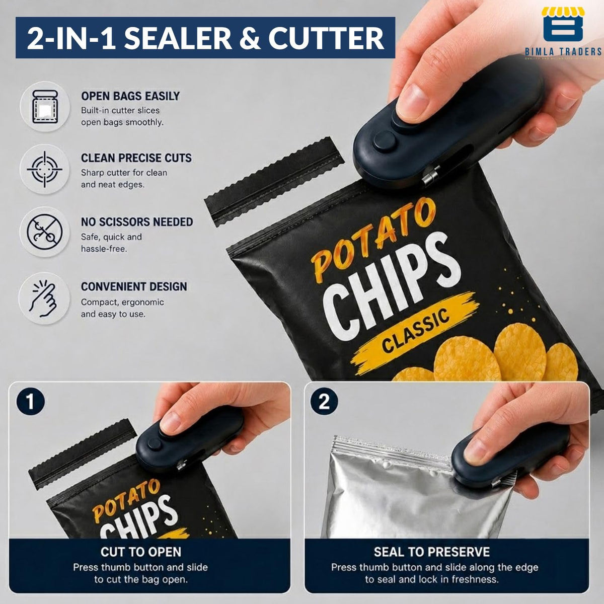 Bimla Traders USB Rechargeable Mini Bag Sealer – Portable Heat Sealer for Plastic & Snack Bags with Safety Lock, Compact & Lightweight – Ideal for Kitchen Storage, Travel & Home Use. Pack of 1