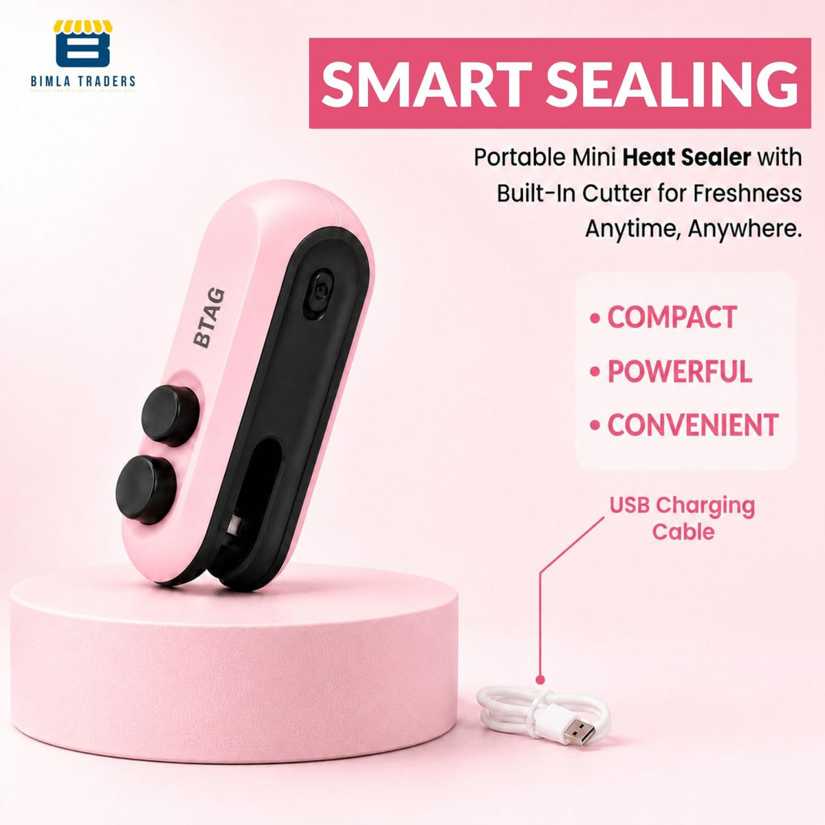 Bimla Traders USB Rechargeable Mini Bag Sealer – Portable Heat Sealer for Plastic & Snack Bags with Safety Lock, Compact & Lightweight – Ideal for Kitchen Storage, Travel & Home Use. Pack of 1