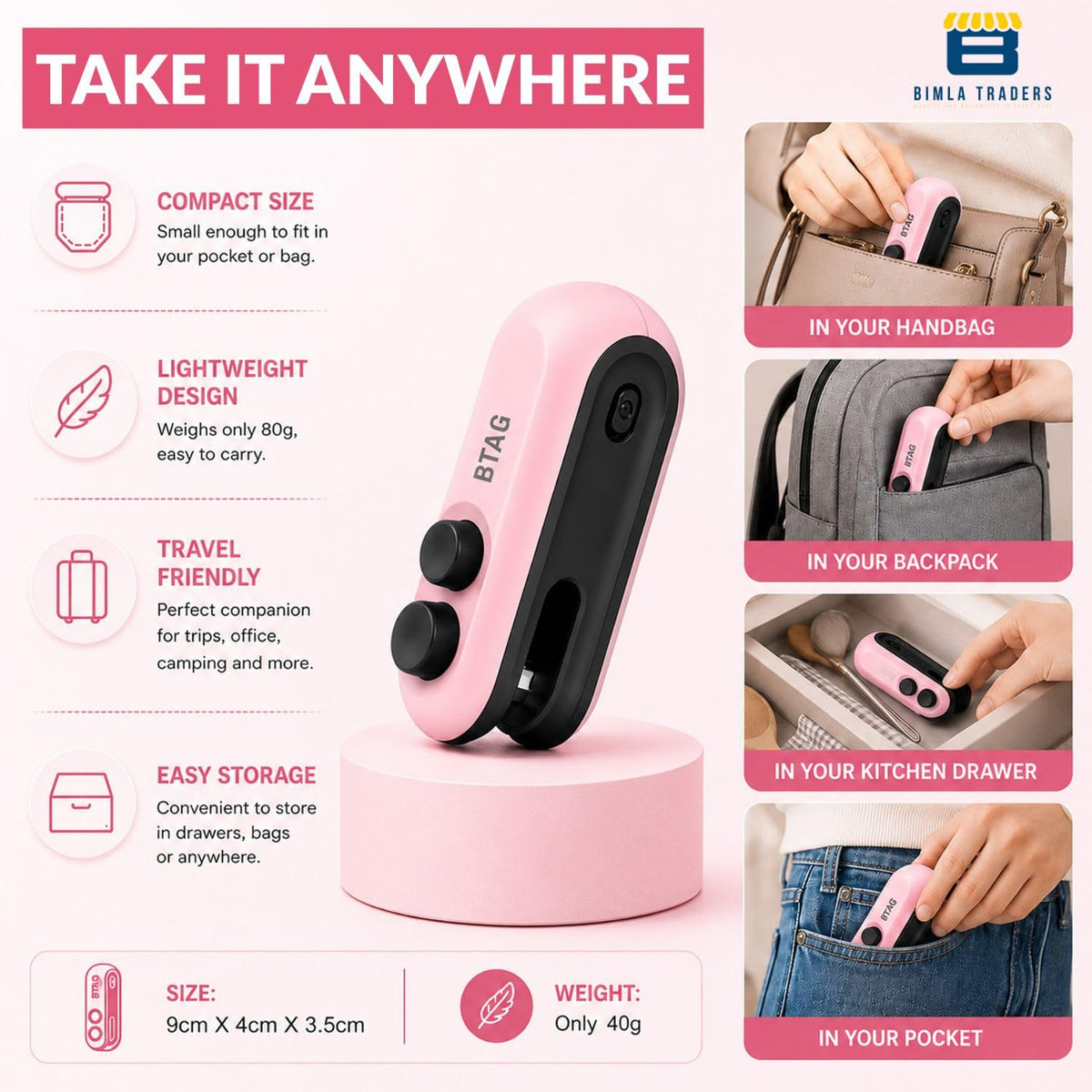 Bimla Traders USB Rechargeable Mini Bag Sealer – Portable Heat Sealer for Plastic & Snack Bags with Safety Lock, Compact & Lightweight – Ideal for Kitchen Storage, Travel & Home Use. Pack of 1