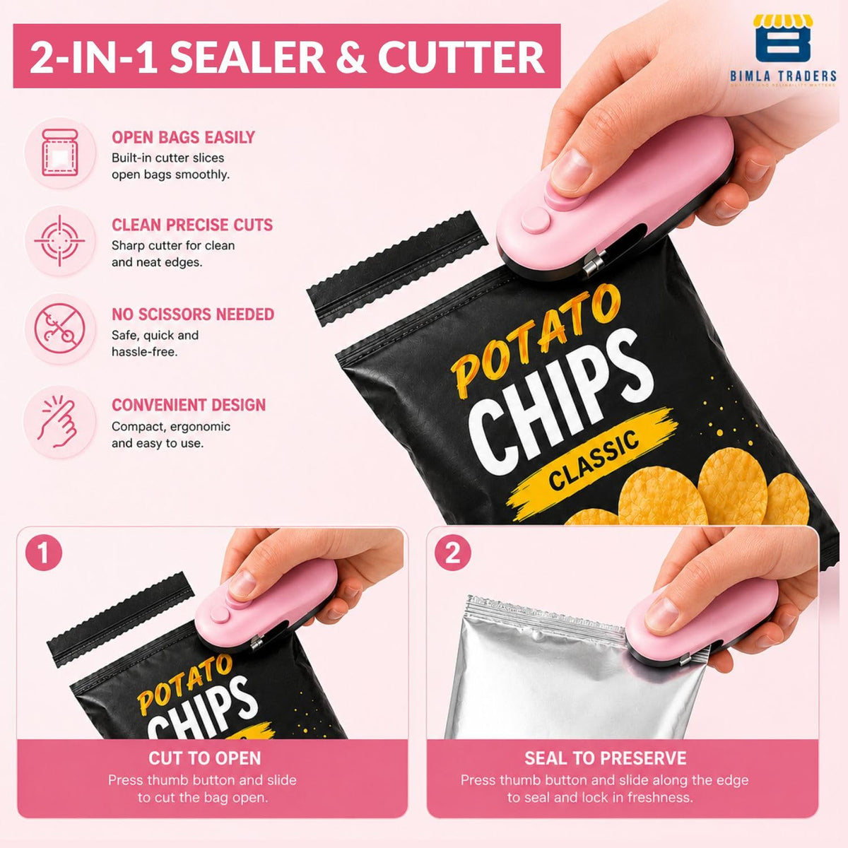 Bimla Traders USB Rechargeable Mini Bag Sealer – Portable Heat Sealer for Plastic & Snack Bags with Safety Lock, Compact & Lightweight – Ideal for Kitchen Storage, Travel & Home Use. Pack of 1