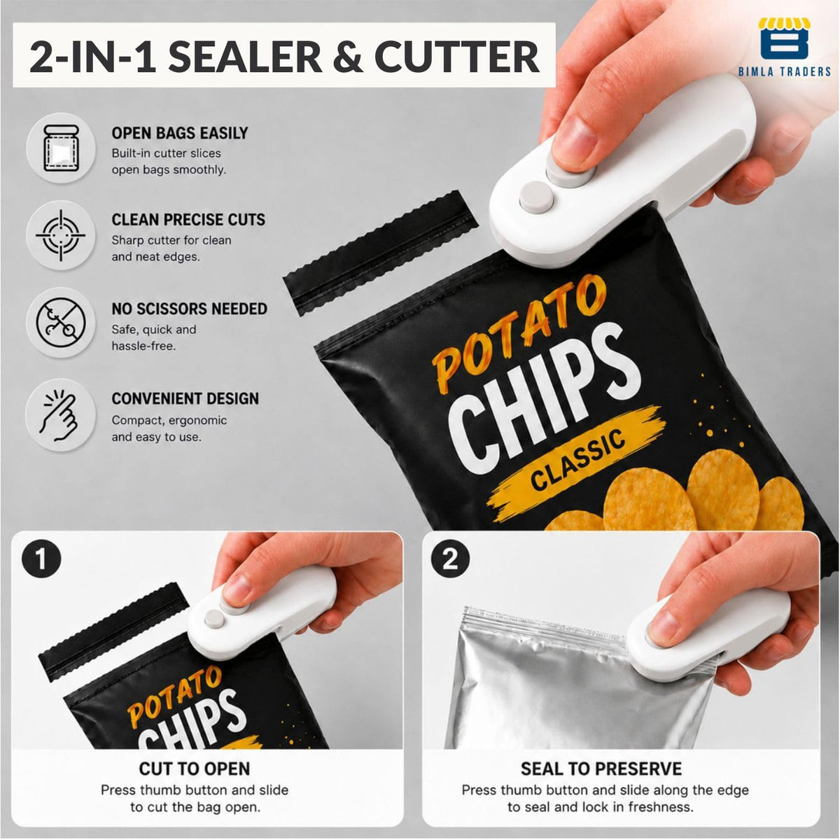 Bimla Traders USB Rechargeable Mini Bag Sealer – Portable Heat Sealer for Plastic & Snack Bags with Safety Lock, Compact & Lightweight – Ideal for Kitchen Storage, Travel & Home Use. Pack of 1