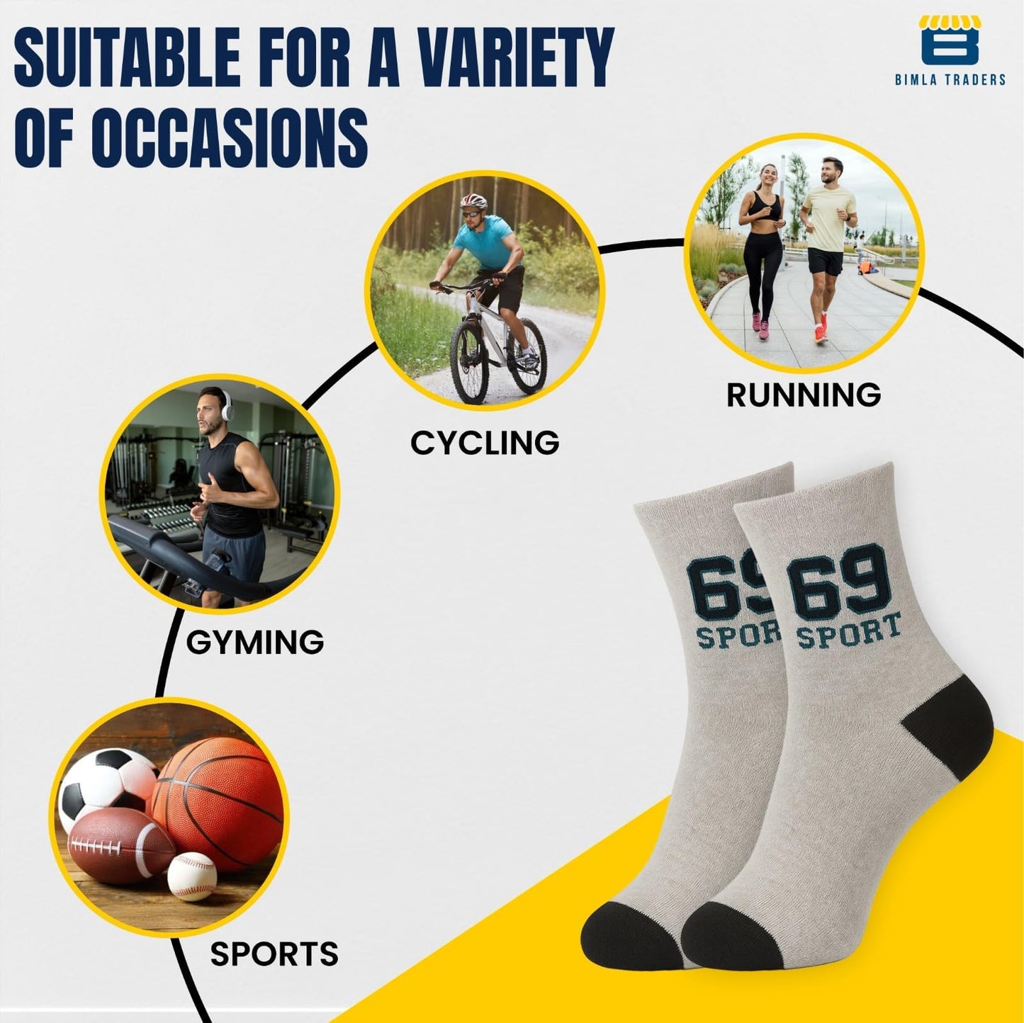 Bimla Traders Sports Ankle Socks for Unisex – Breathable, Sweat-Absorbent, Cushioned Athletic Socks for Running, Gym, Cycling.(PO12_ASSTRD)