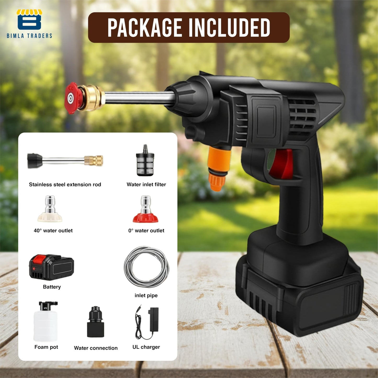 Bimla Traders 48V Cordless High Pressure Car Washer Gun with Double Battery | Portable Water Jet Cleaner with Foam Bottle, Long Hose & Nozzle Set for Car, Bike, Home & Garden Cleaning. Pack of 1
