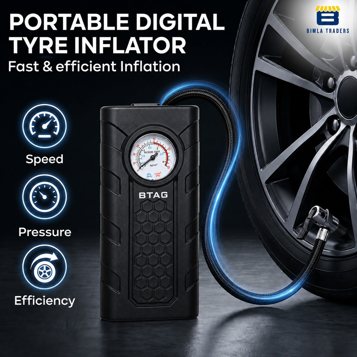 Bimla Traders Portable Digital Tyre Inflator for Car & Bike – Compact Air Pump Compressor with Pressure Gauge, Fast Inflation – Ideal for Tyres, Balls & Inflatables. Pack of 1 (AU002_Black)