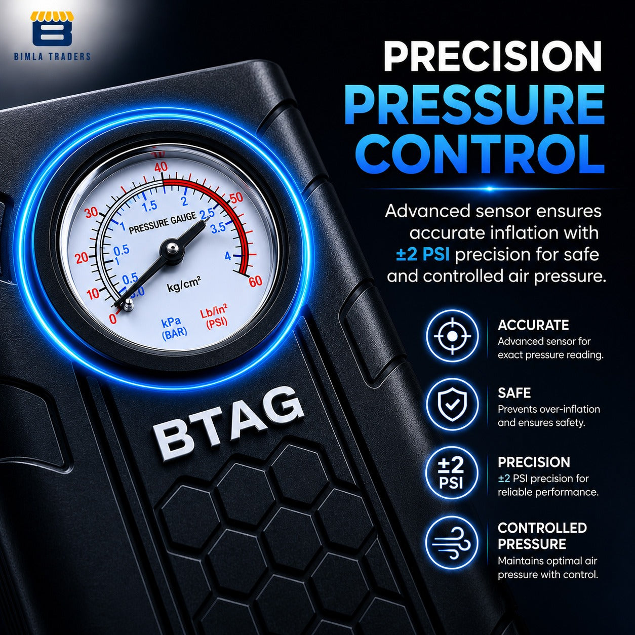 Bimla Traders Portable Digital Tyre Inflator for Car & Bike – Compact Air Pump Compressor with Pressure Gauge, Fast Inflation – Ideal for Tyres, Balls & Inflatables. Pack of 1 (AU002_Black)