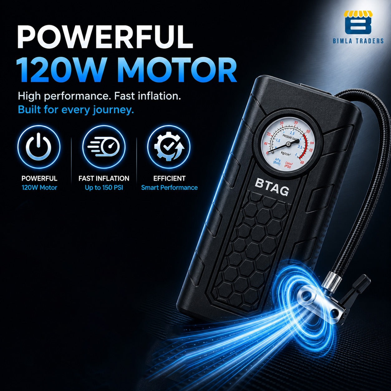 Bimla Traders Portable Digital Tyre Inflator for Car & Bike – Compact Air Pump Compressor with Pressure Gauge, Fast Inflation – Ideal for Tyres, Balls & Inflatables. Pack of 1 (AU002_Black)