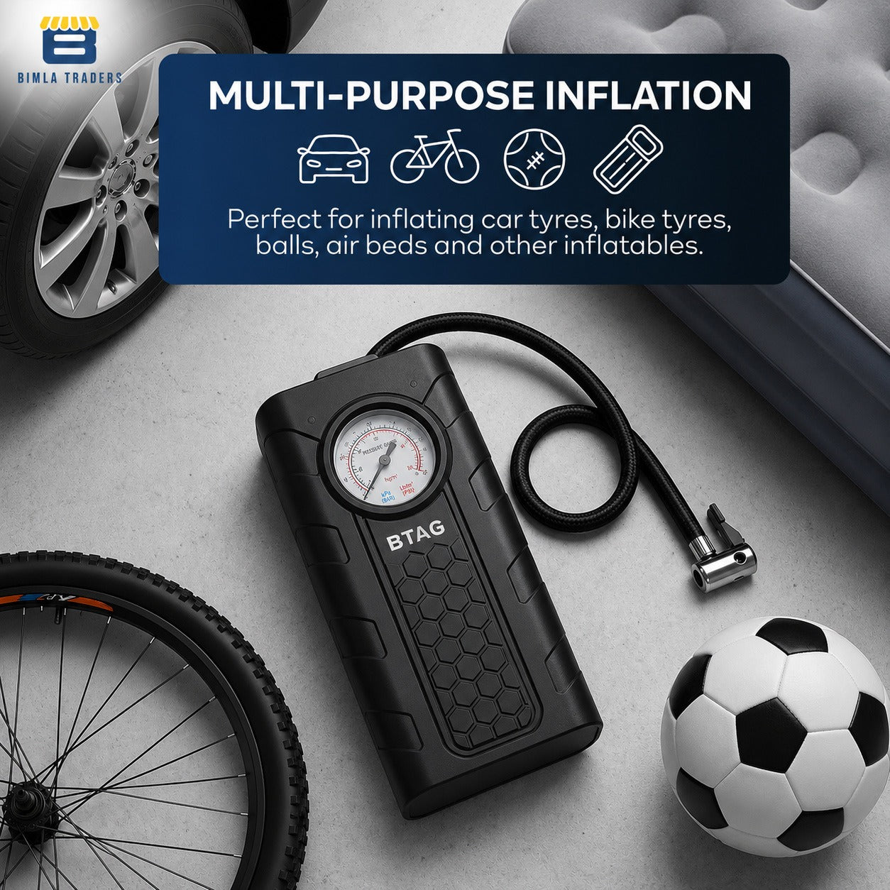 Bimla Traders Portable Digital Tyre Inflator for Car & Bike – Compact Air Pump Compressor with Pressure Gauge, Fast Inflation – Ideal for Tyres, Balls & Inflatables. Pack of 1 (AU002_Black)