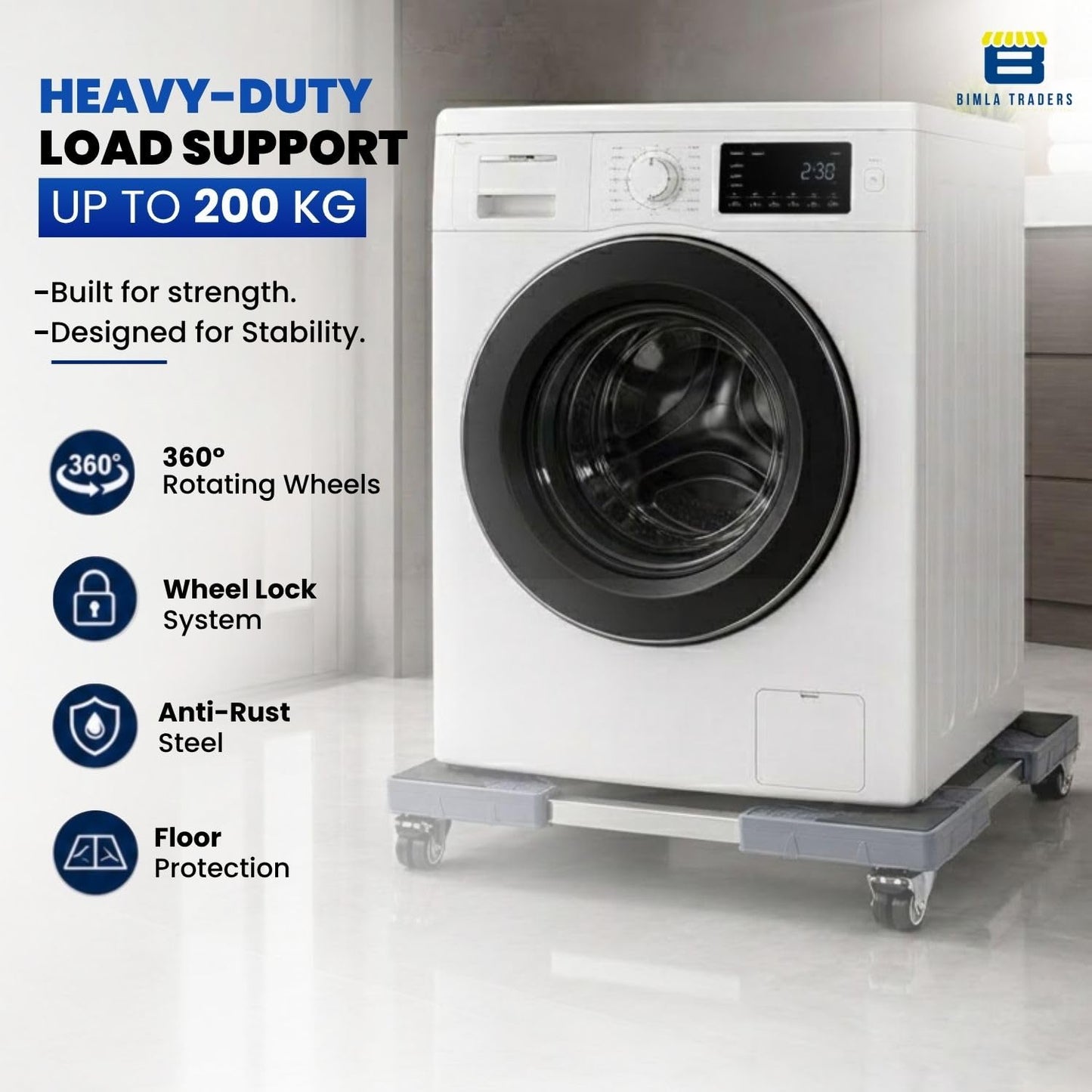 Bimla Traders Heavy-Duty Washing Machine & Refrigerator Stand with 360° Rotating Double Wheels and Wheel Lock System | Anti-Rust Steel Frame