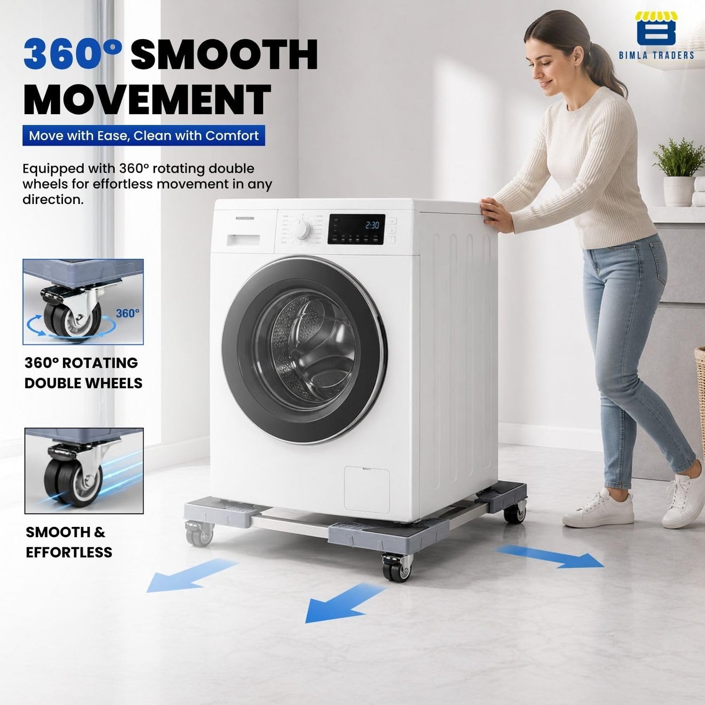Bimla Traders Heavy-Duty Washing Machine & Refrigerator Stand with 360° Rotating Double Wheels and Wheel Lock System | Anti-Rust Steel Frame