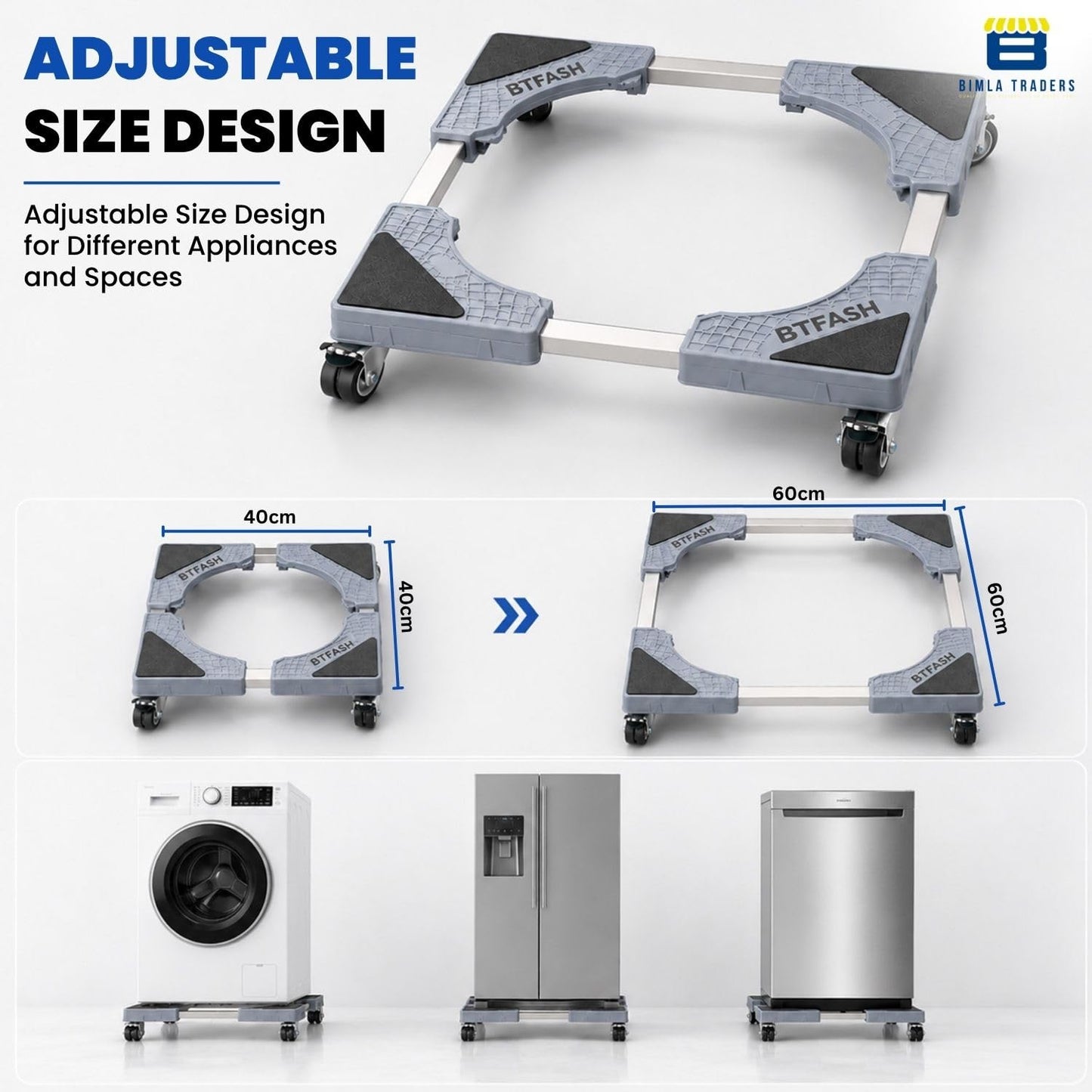 Bimla Traders Heavy-Duty Washing Machine & Refrigerator Stand with 360° Rotating Double Wheels and Wheel Lock System | Anti-Rust Steel Frame
