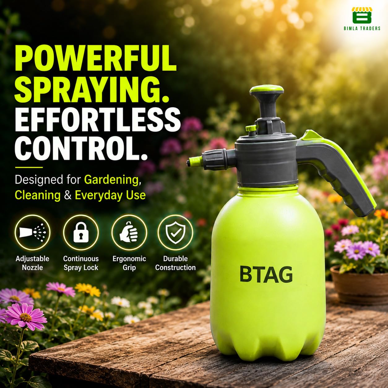 Bimla Traders 2L Manual Pressure Spray Pump with Long Nozzle, Adjustable Sprayer for Gardening, Plant Watering & Home Cleaning.