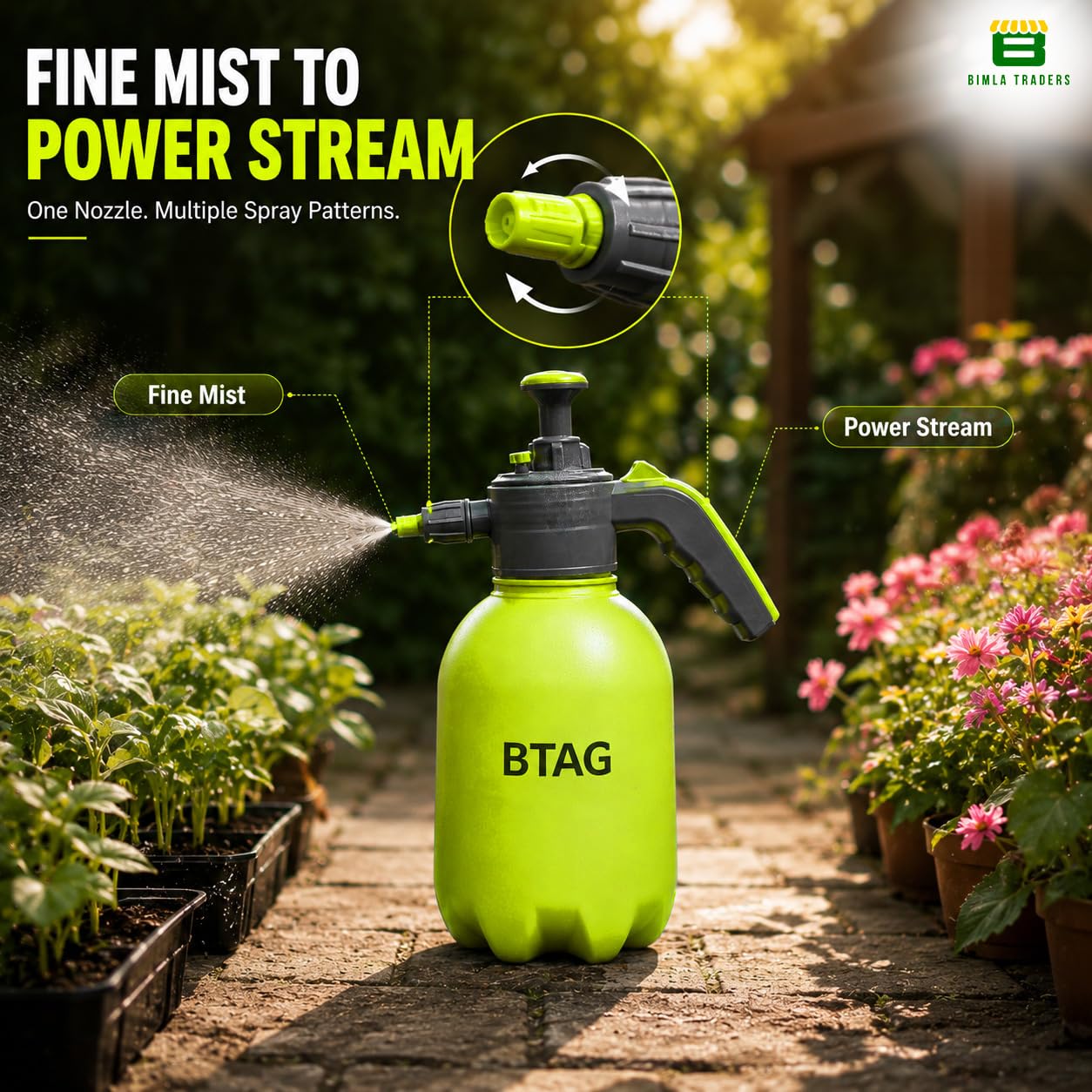 Bimla Traders 2L Manual Pressure Spray Pump with Long Nozzle, Adjustable Sprayer for Gardening, Plant Watering & Home Cleaning.
