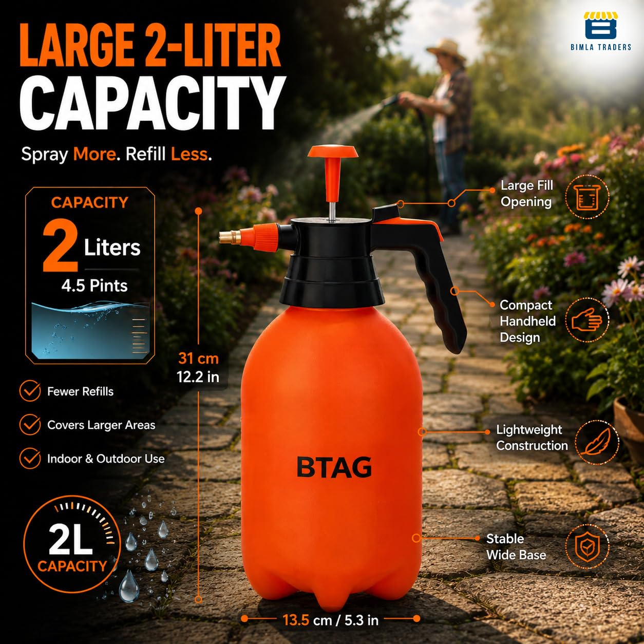 Bimla Traders 2L Manual Pressure Spray Pump with Long Nozzle, Adjustable Sprayer for Gardening, Plant Watering & Home Cleaning.