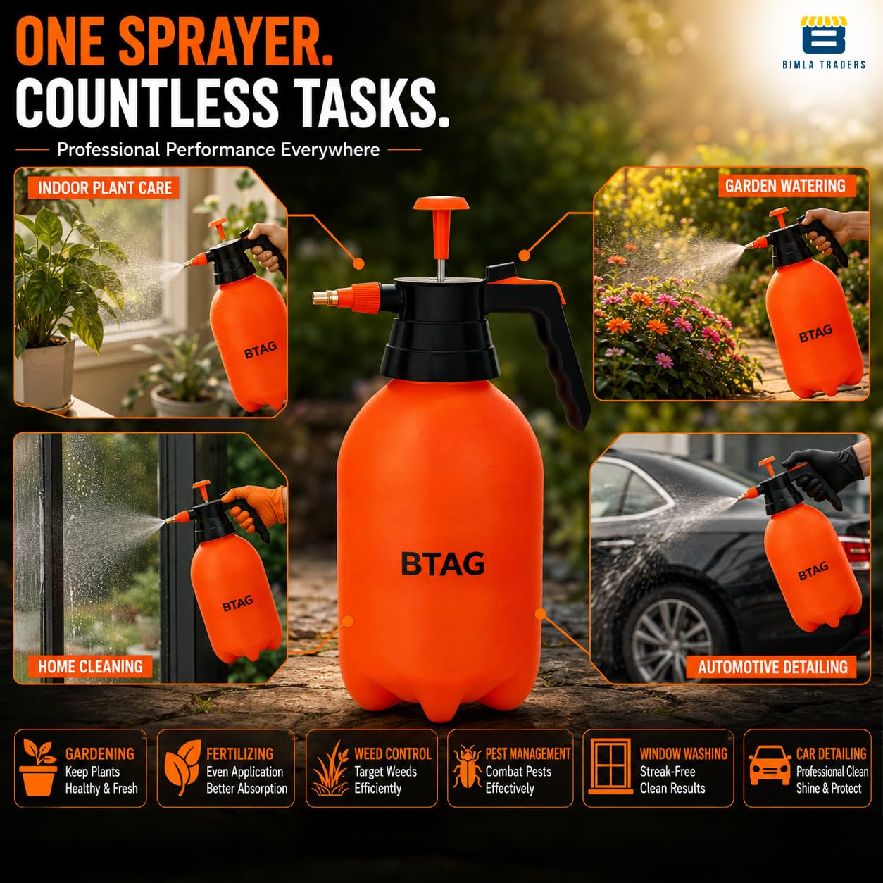 Bimla Traders 2L Manual Pressure Spray Pump with Long Nozzle, Adjustable Sprayer for Gardening, Plant Watering & Home Cleaning.
