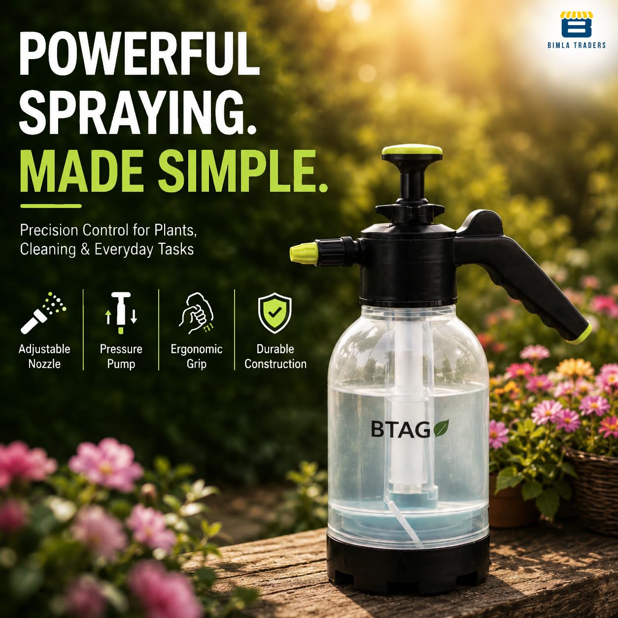 Bimla Traders 2L Manual Pressure Spray Pump with Long Nozzle, Adjustable Sprayer for Gardening, Plant Watering & Home Cleaning.