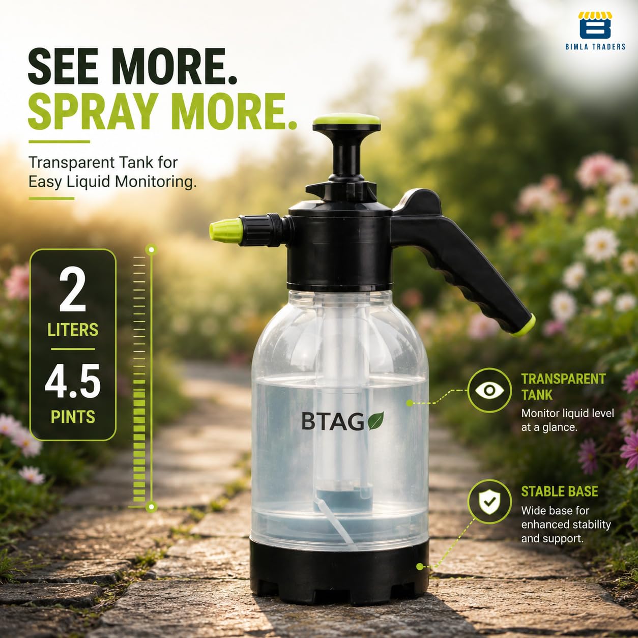 Bimla Traders 2L Manual Pressure Spray Pump with Long Nozzle, Adjustable Sprayer for Gardening, Plant Watering & Home Cleaning.