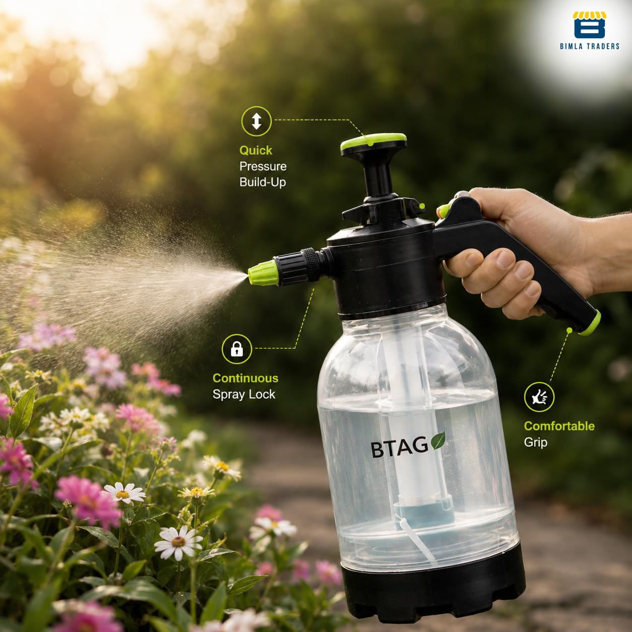 Bimla Traders 2L Manual Pressure Spray Pump with Long Nozzle, Adjustable Sprayer for Gardening, Plant Watering & Home Cleaning.