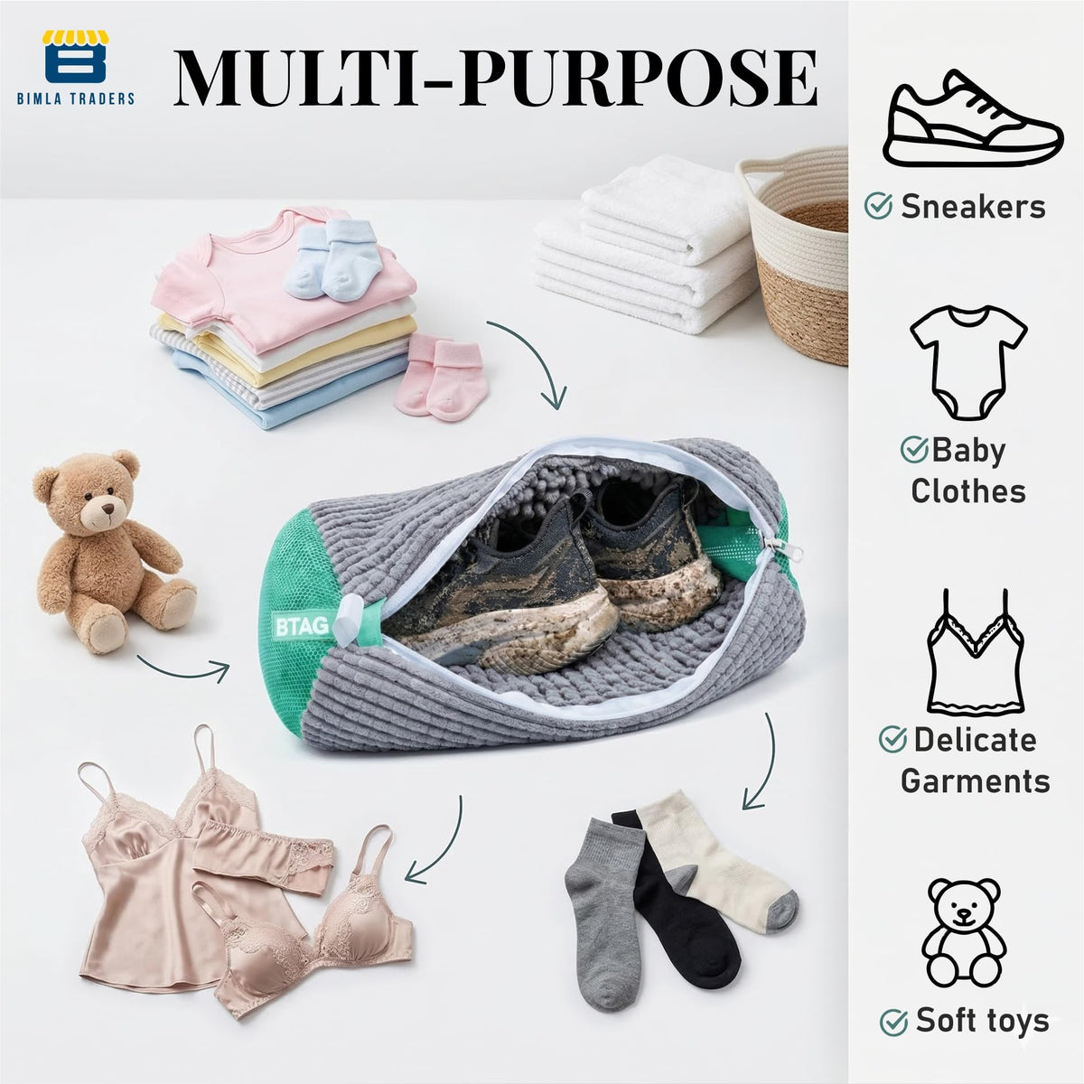 Bimla Traders Reusable Shoe Laundry Bag for Washing Machine & Dryer | Plush Zippered Washing Pouch for Sneakers, Baby Items & Delicates