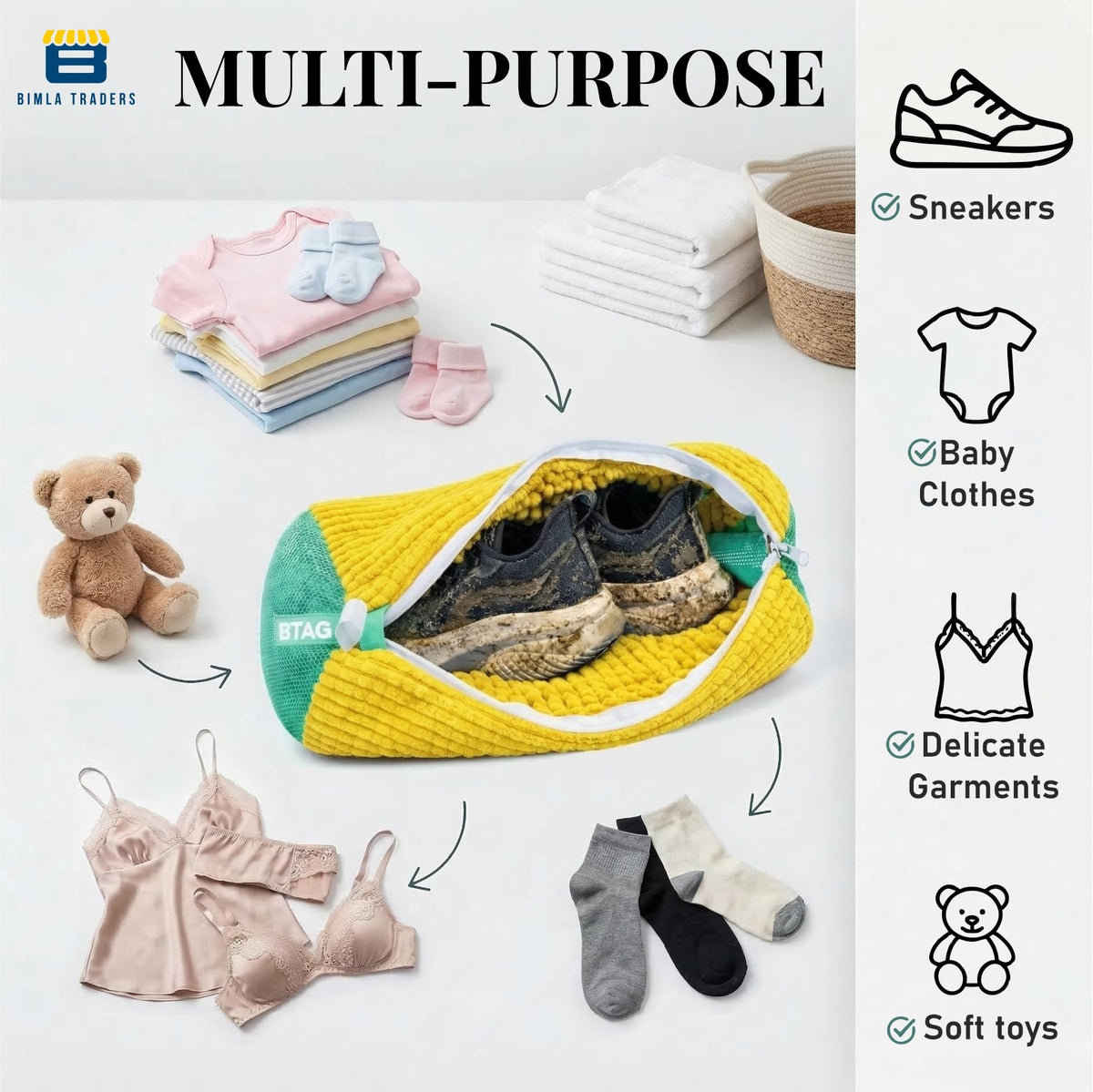 Bimla Traders Reusable Shoe Laundry Bag for Washing Machine & Dryer | Plush Zippered Washing Pouch for Sneakers, Baby Items & Delicates