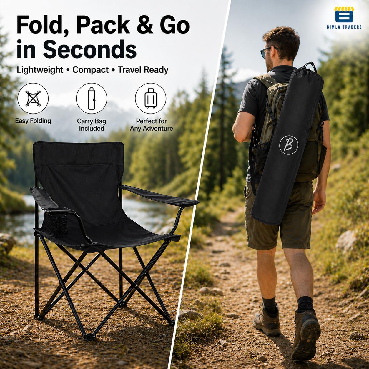 Bimla Traders Foldable Camping Chair with Armrest & Cup Holder, Portable Outdoor Chair with Carry Bag for Camping, Picnic, Fishing & Travel.