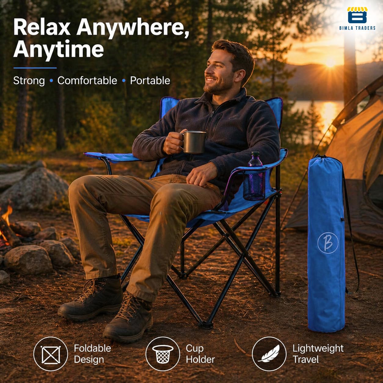 Bimla Traders Foldable Camping Chair with Armrest & Cup Holder, Portable Outdoor Chair with Carry Bag for Camping, Picnic, Fishing & Travel.