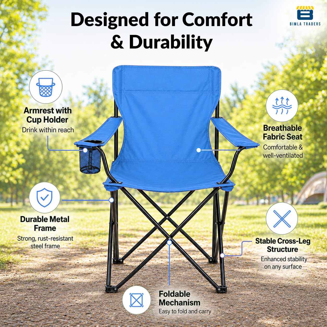 Bimla Traders Foldable Camping Chair with Armrest & Cup Holder, Portable Outdoor Chair with Carry Bag for Camping, Picnic, Fishing & Travel.