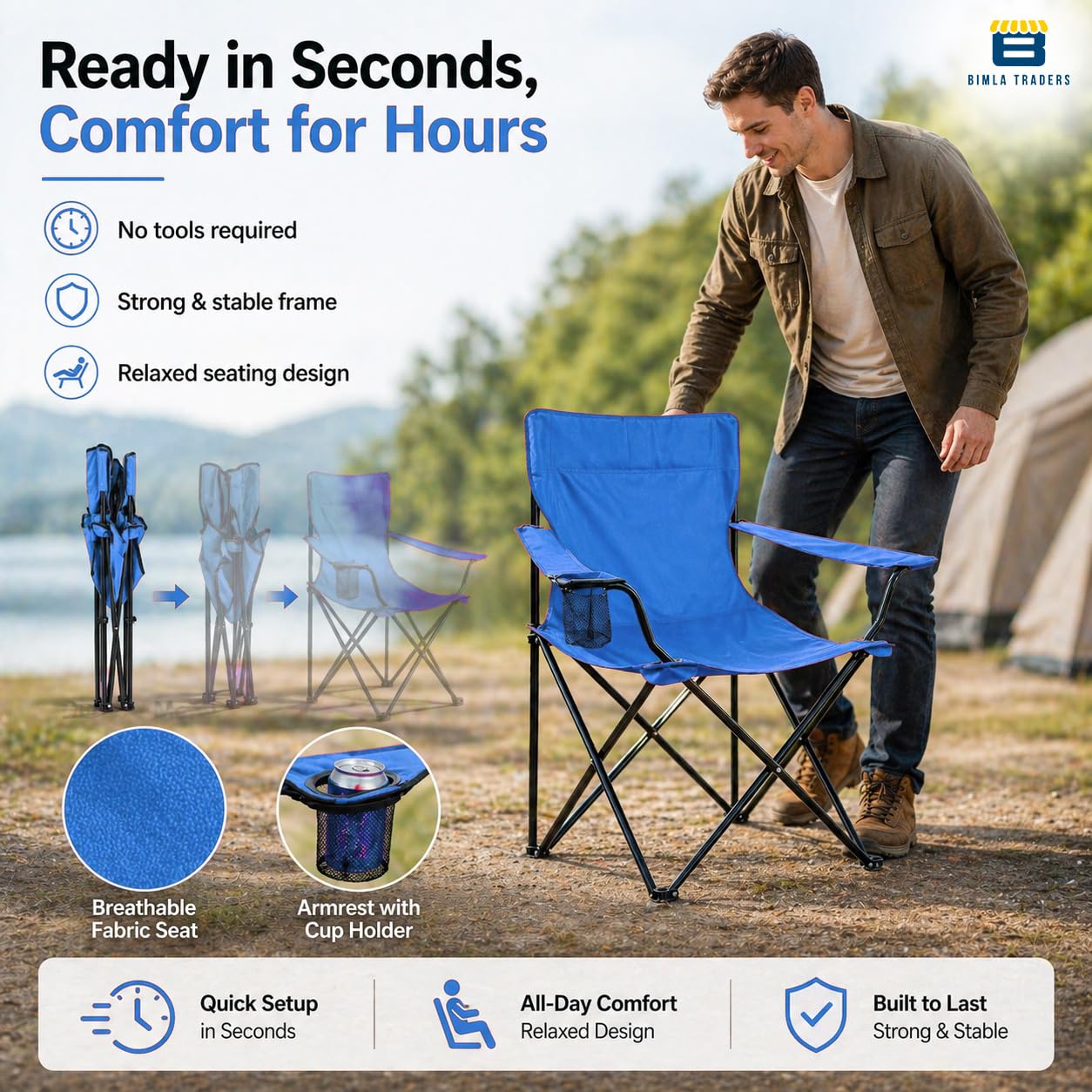 Bimla Traders Foldable Camping Chair with Armrest & Cup Holder, Portable Outdoor Chair with Carry Bag for Camping, Picnic, Fishing & Travel.