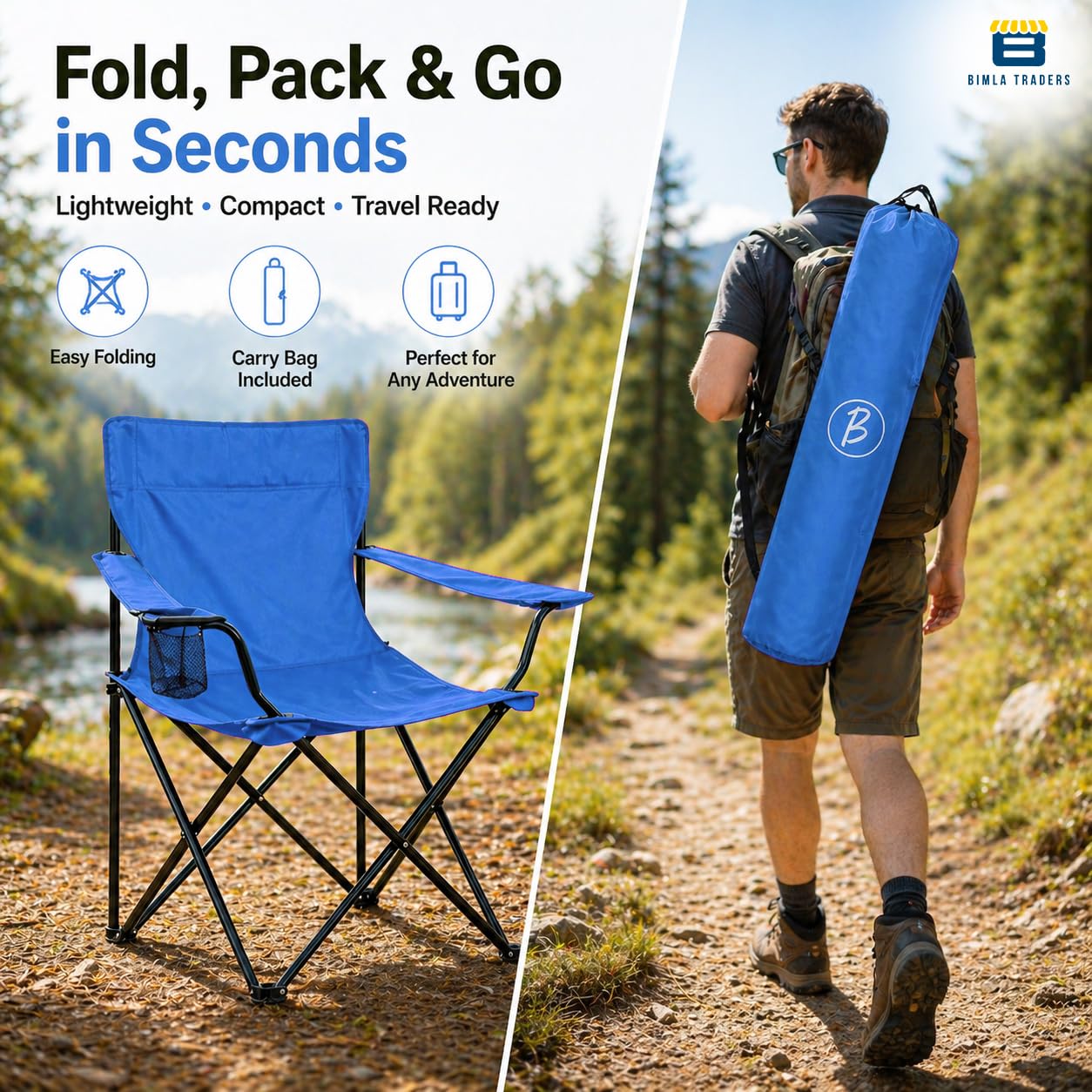 Bimla Traders Foldable Camping Chair with Armrest & Cup Holder, Portable Outdoor Chair with Carry Bag for Camping, Picnic, Fishing & Travel.