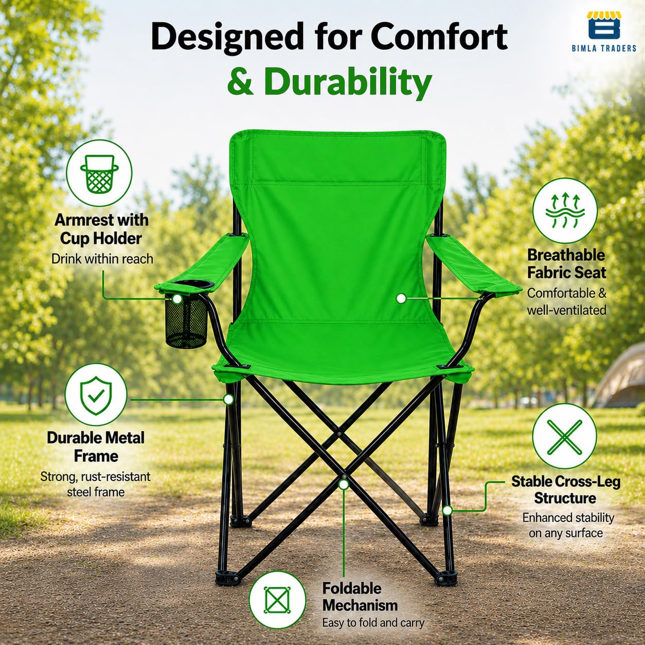 Bimla Traders Foldable Camping Chair with Armrest & Cup Holder, Portable Outdoor Chair with Carry Bag for Camping, Picnic, Fishing & Travel.