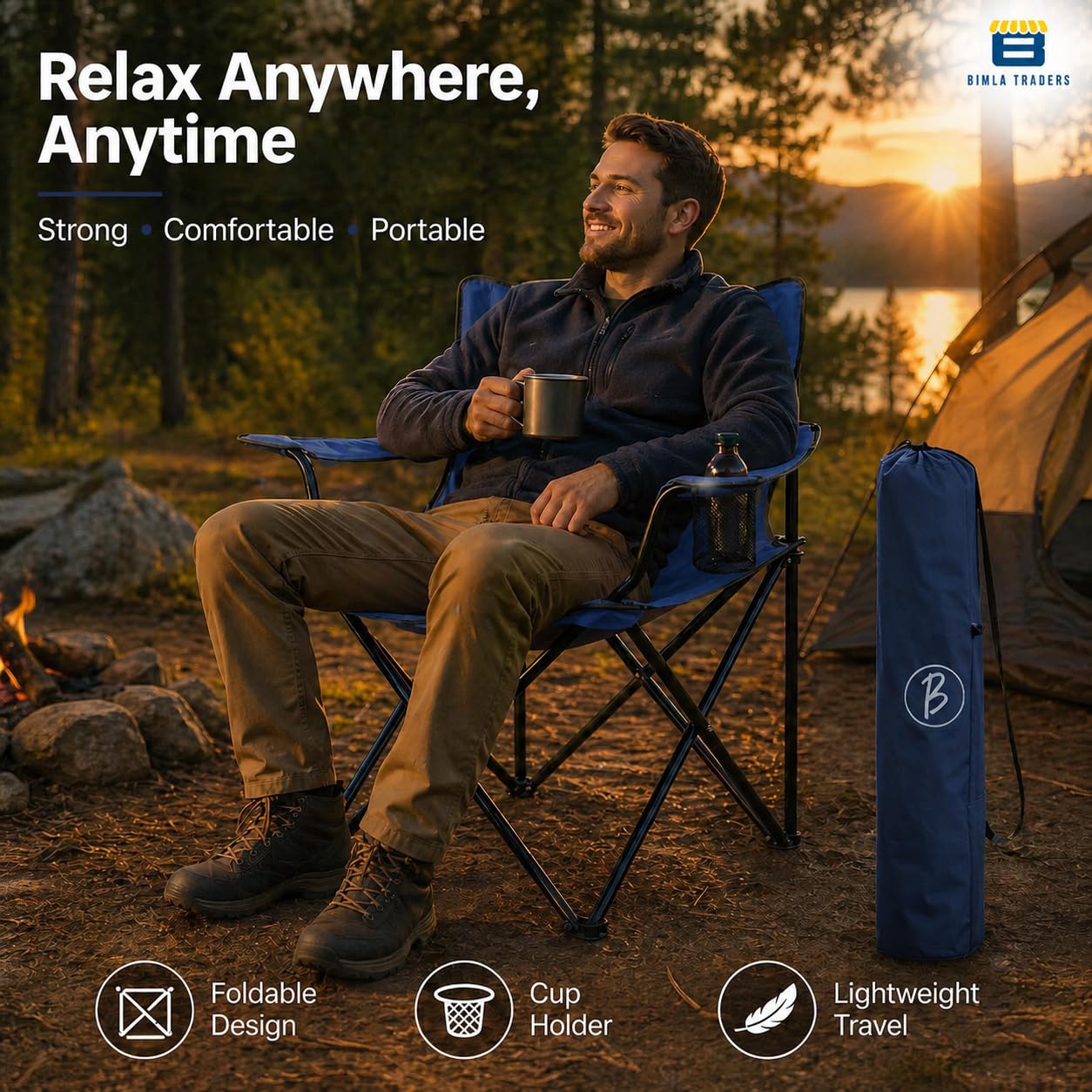 Bimla Traders Foldable Camping Chair with Armrest & Cup Holder, Portable Outdoor Chair with Carry Bag for Camping, Picnic, Fishing & Travel.