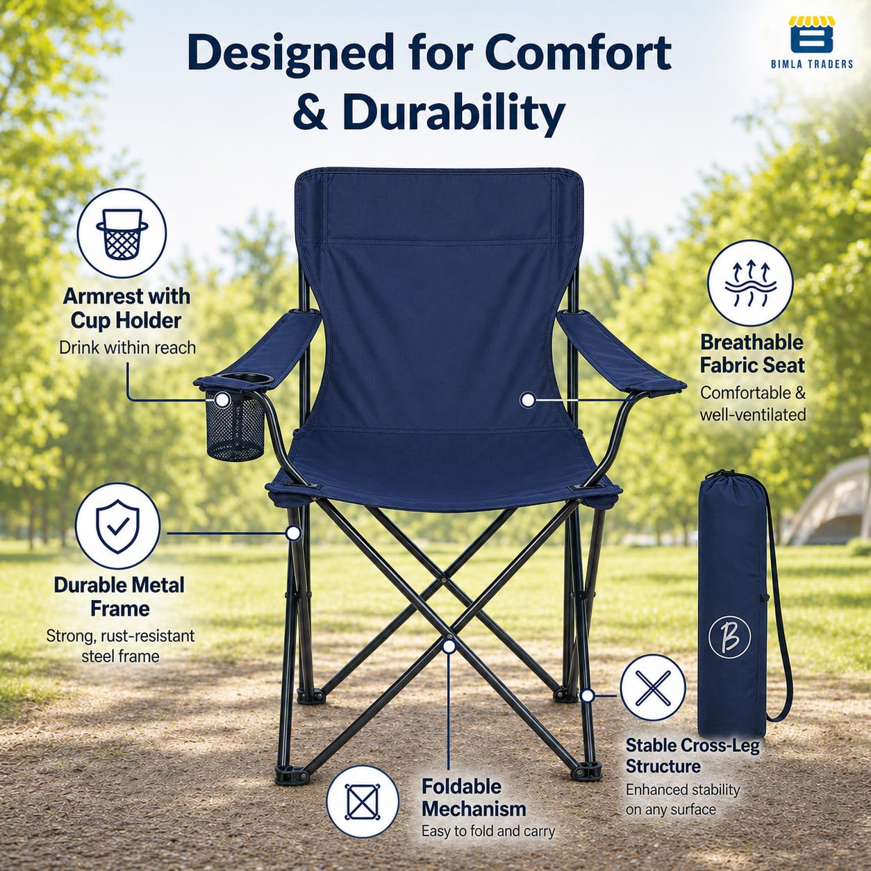 Bimla Traders Foldable Camping Chair with Armrest & Cup Holder, Portable Outdoor Chair with Carry Bag for Camping, Picnic, Fishing & Travel.