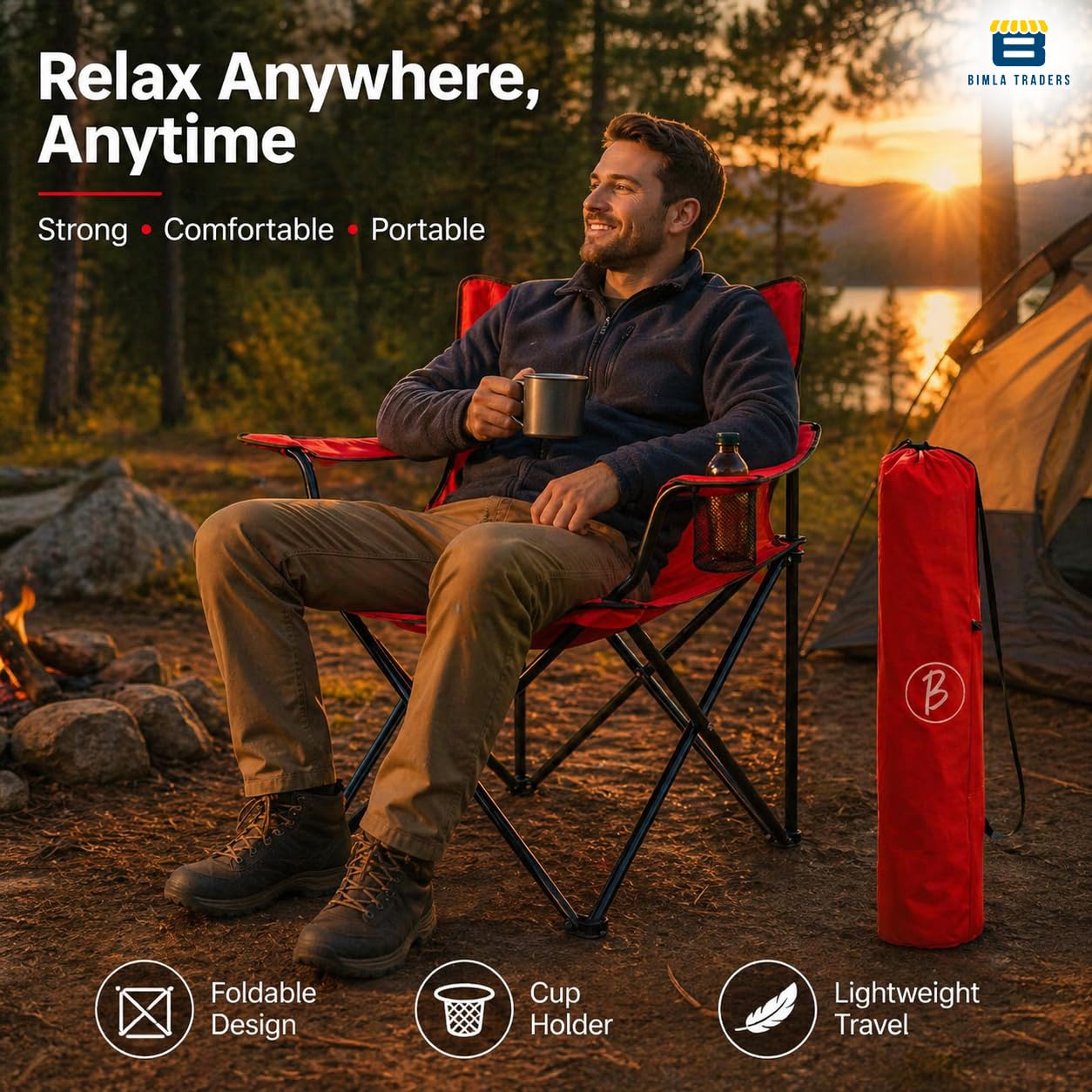 Bimla Traders Foldable Camping Chair with Armrest & Cup Holder, Portable Outdoor Chair with Carry Bag for Camping, Picnic, Fishing & Travel.