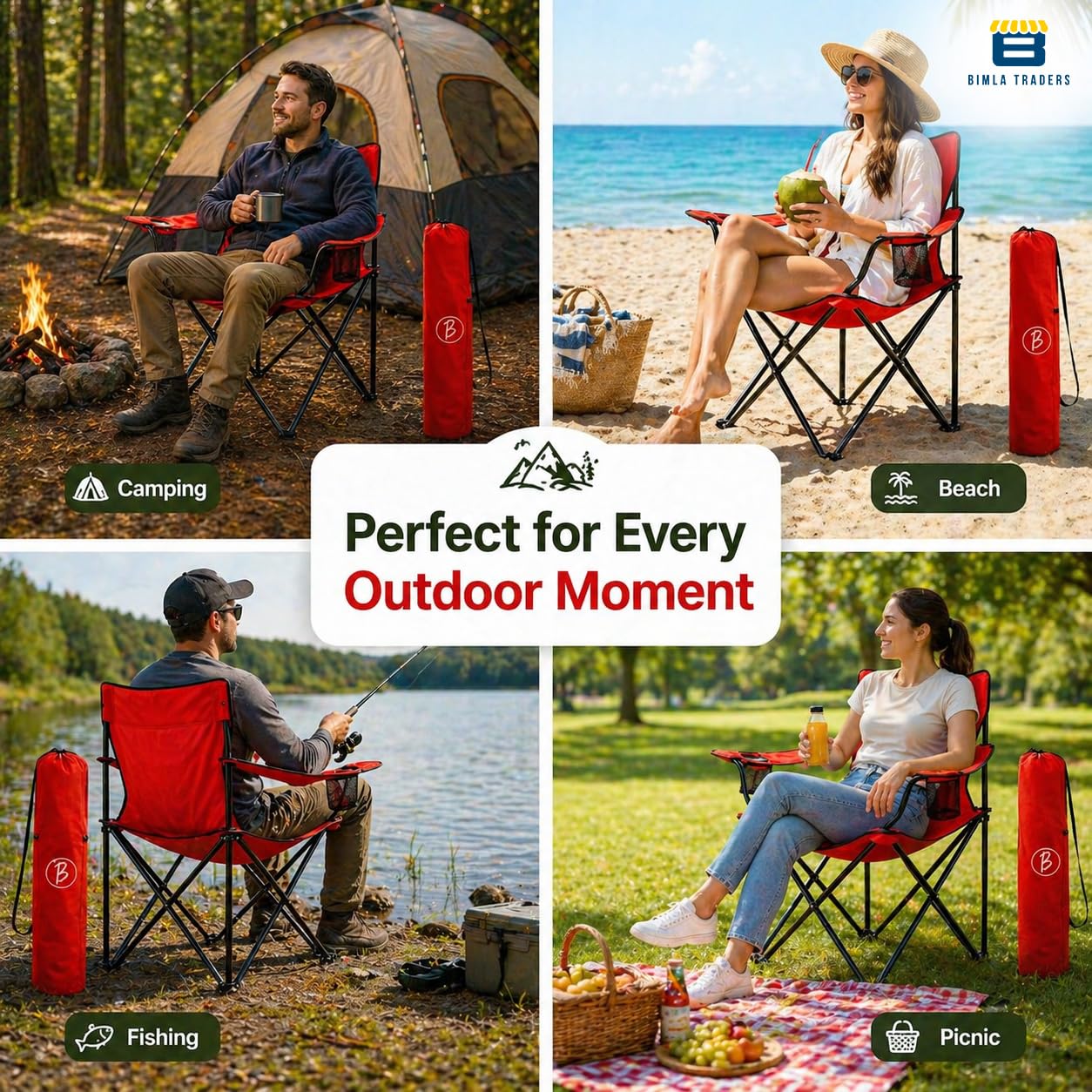 Bimla Traders Foldable Camping Chair with Armrest & Cup Holder, Portable Outdoor Chair with Carry Bag for Camping, Picnic, Fishing & Travel.