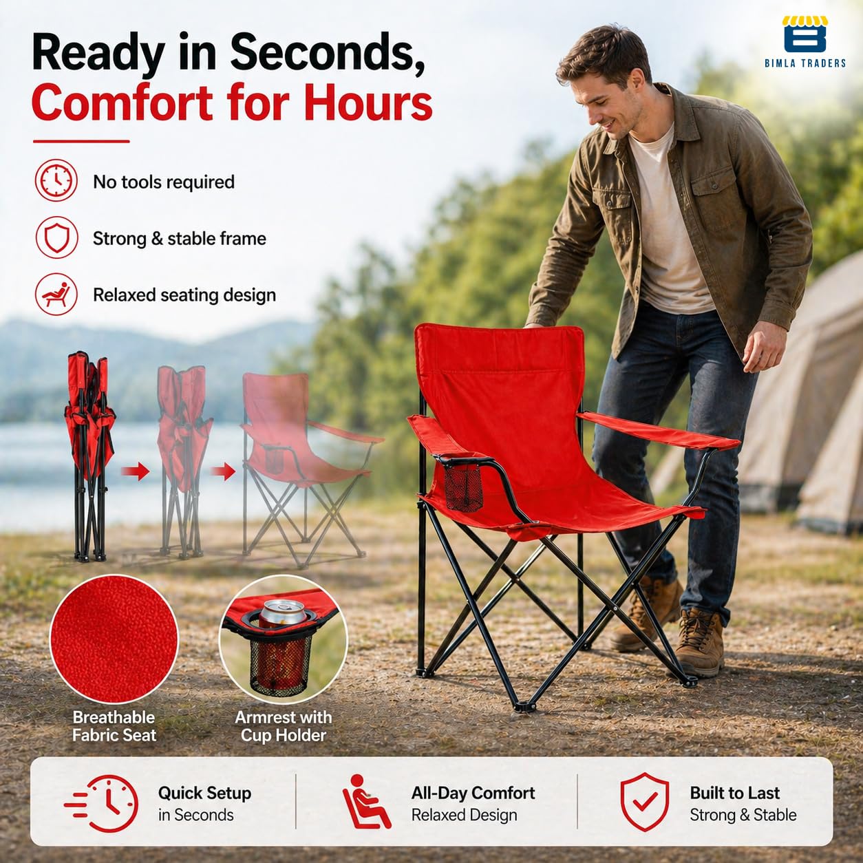Bimla Traders Foldable Camping Chair with Armrest & Cup Holder, Portable Outdoor Chair with Carry Bag for Camping, Picnic, Fishing & Travel.
