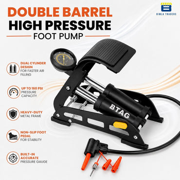 Btag Professional Foot Operated Air Pump | High-Pressure Manual Tyre Inflator with Gauge for Car, Bike & Cycle