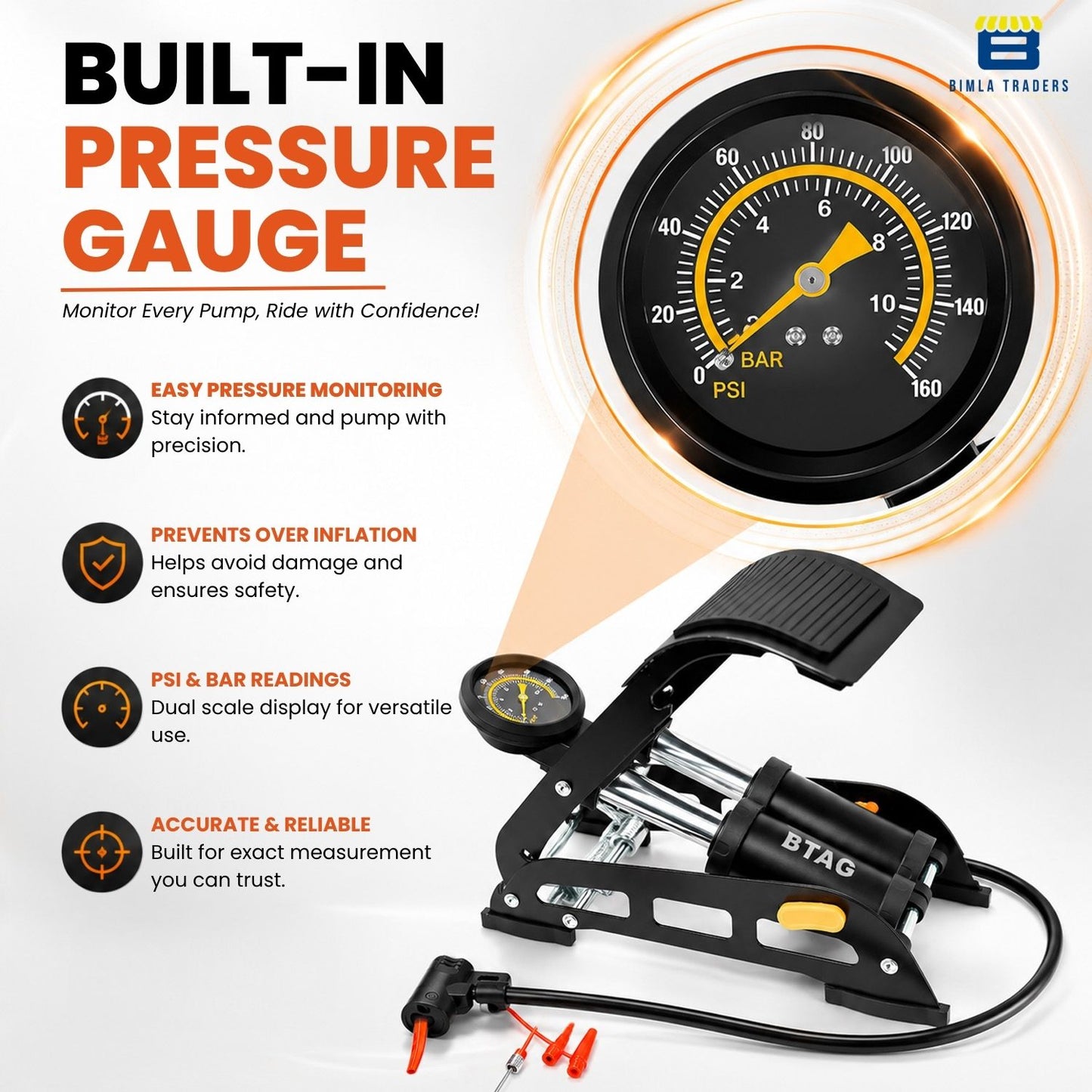 Btag Professional Foot Operated Air Pump | High-Pressure Manual Tyre Inflator with Gauge for Car, Bike & Cycle