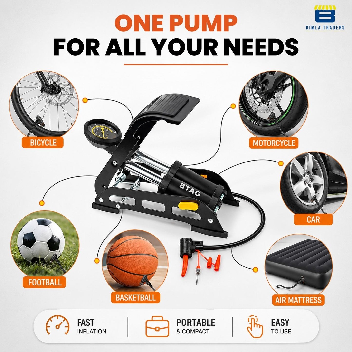 Btag Professional Foot Operated Air Pump | High-Pressure Manual Tyre Inflator with Gauge for Car, Bike & Cycle