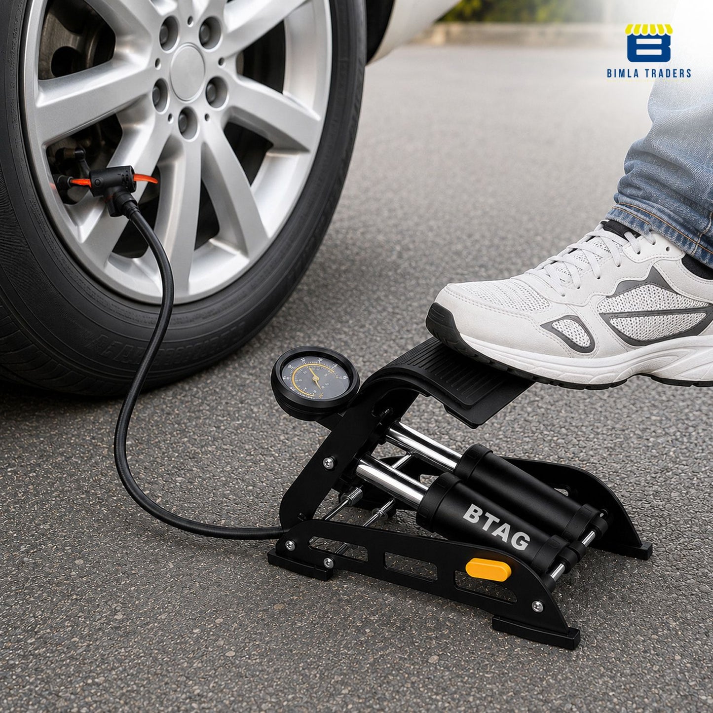 Btag Professional Foot Operated Air Pump | High-Pressure Manual Tyre Inflator with Gauge for Car, Bike & Cycle