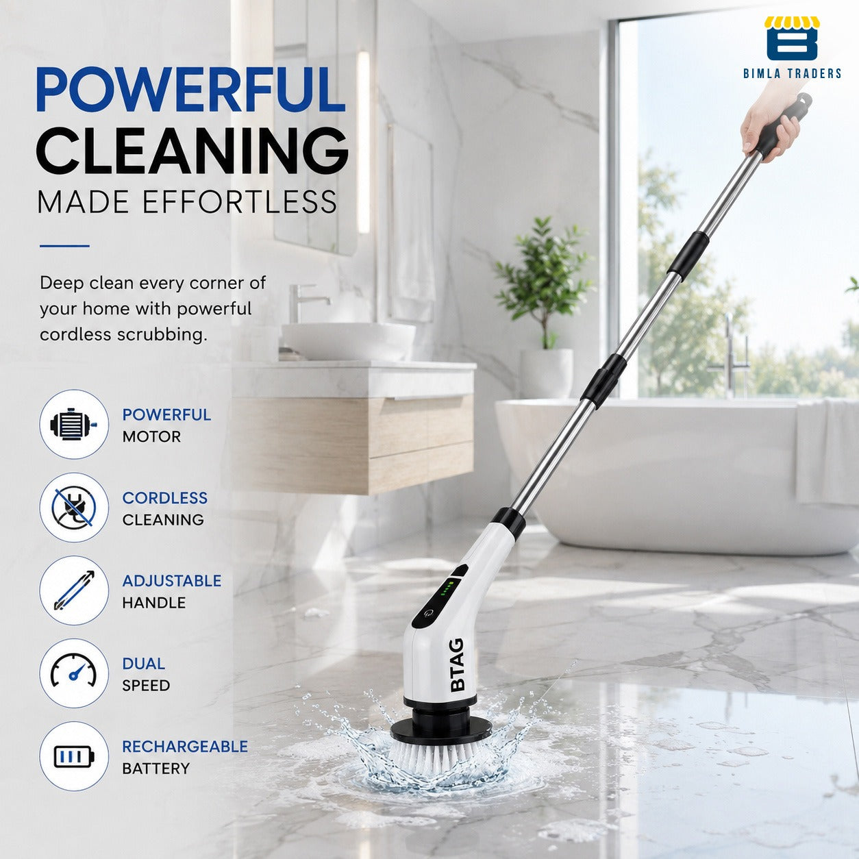 Bimla Traders Electric Spin Scrubber for Home Cleaning | 9 Replaceable Brush Heads | Adjustable Length & Dual Speed | Cordless Cleaning Brush.