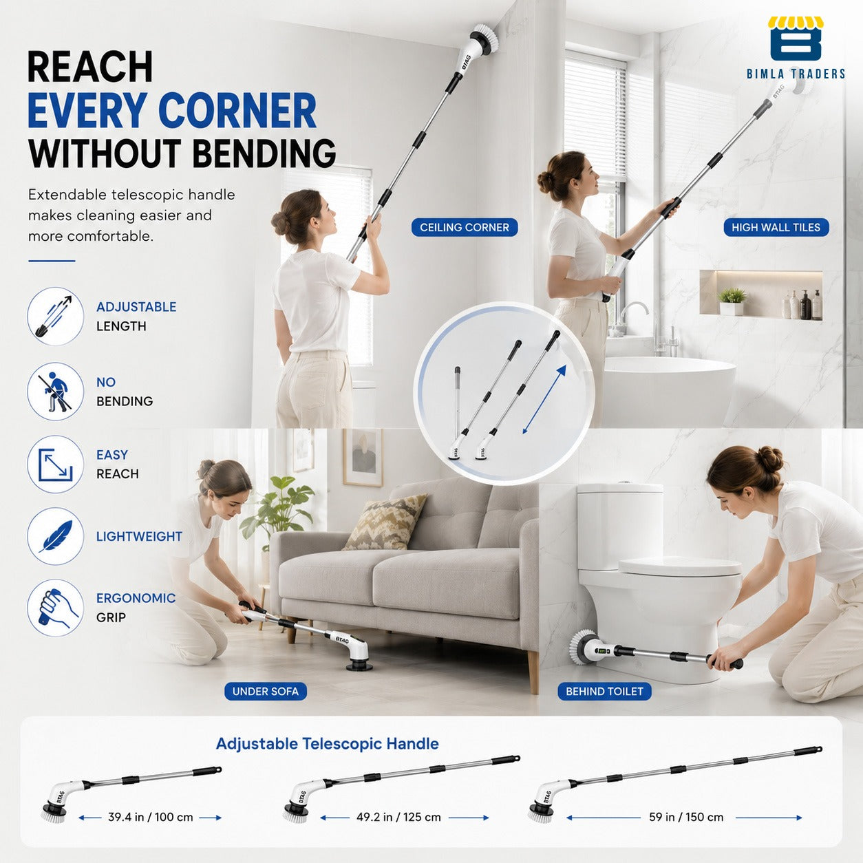 Bimla Traders Electric Spin Scrubber for Home Cleaning | 9 Replaceable Brush Heads | Adjustable Length & Dual Speed | Cordless Cleaning Brush.