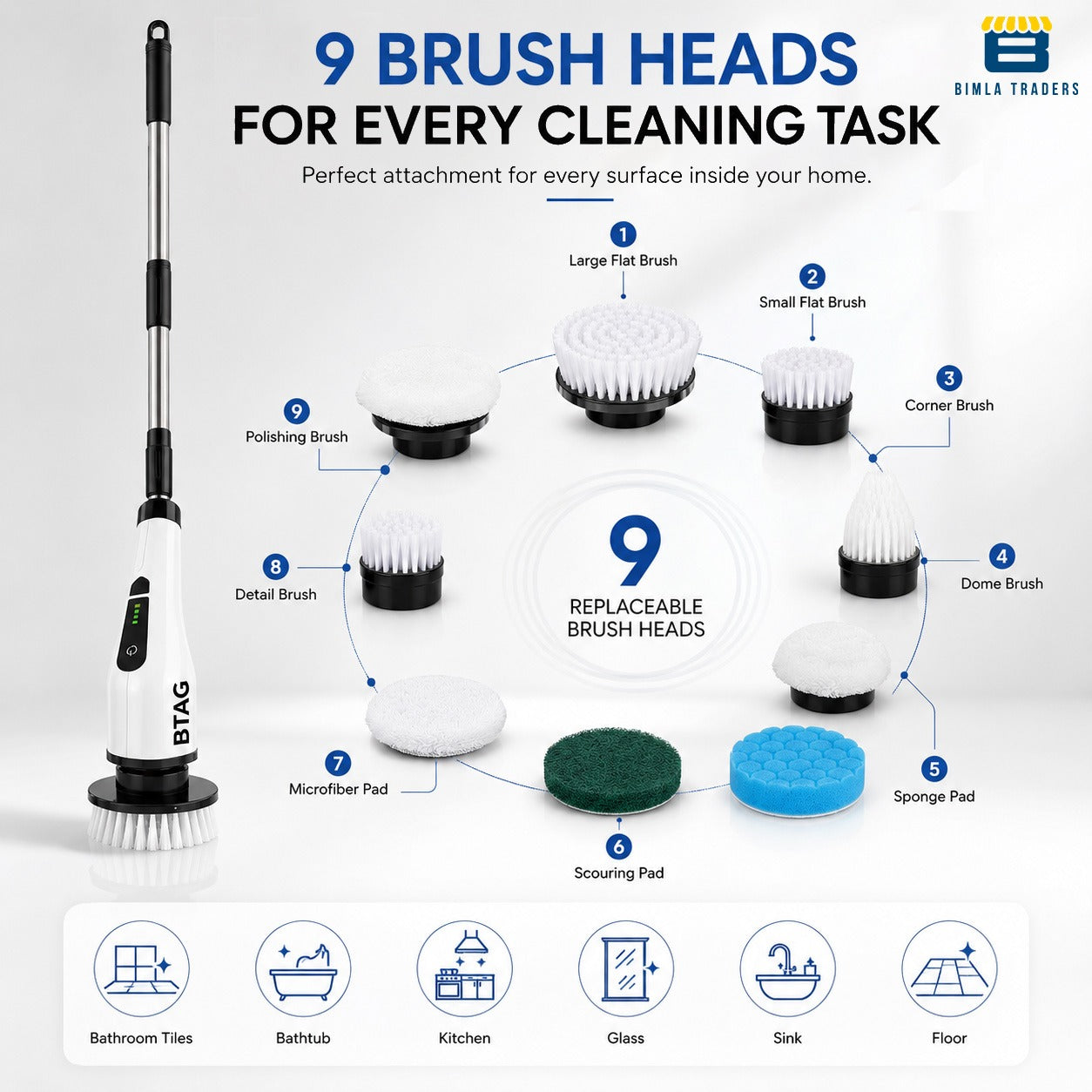 Bimla Traders Electric Spin Scrubber for Home Cleaning | 9 Replaceable Brush Heads | Adjustable Length & Dual Speed | Cordless Cleaning Brush.