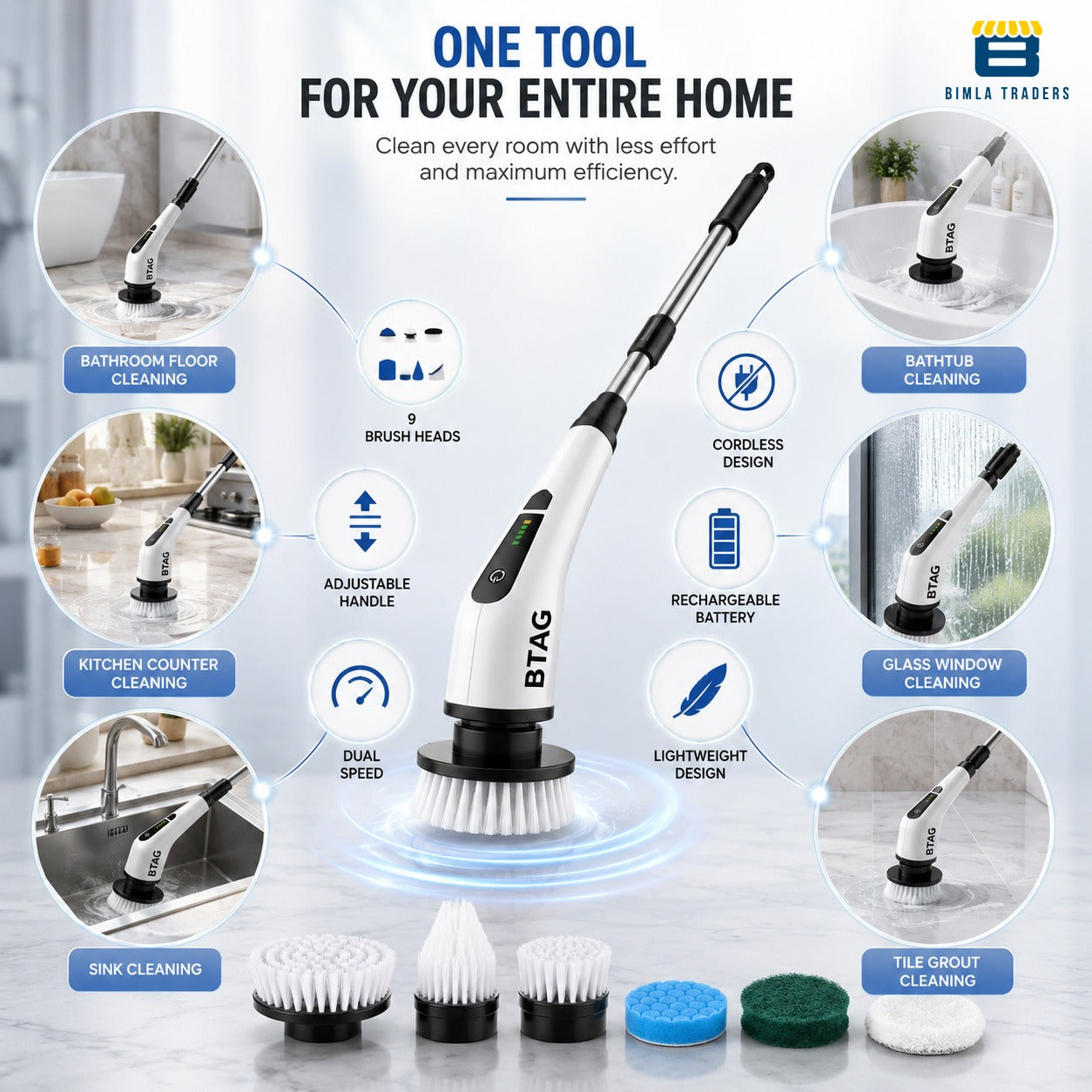 Bimla Traders Electric Spin Scrubber for Home Cleaning | 9 Replaceable Brush Heads | Adjustable Length & Dual Speed | Cordless Cleaning Brush.
