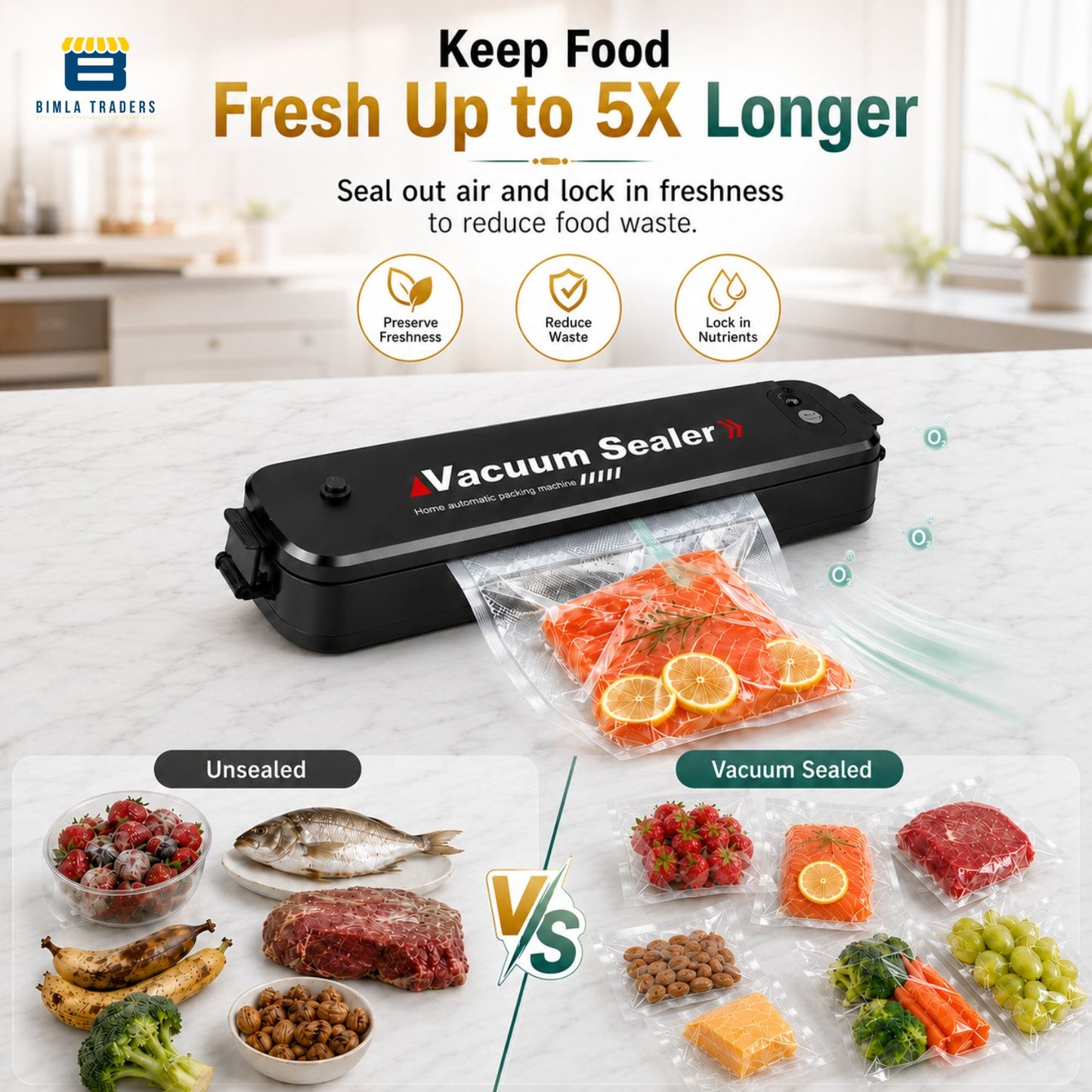 Bimla Traders Vacuum Sealer Machine – Food Preservation & Vacuum Packaging for Snacks, Vegetables, Meat | Small Kitchen Appliance for Home & Garden | Easy Vacuum Sealing for Freshnes. Pack of 1