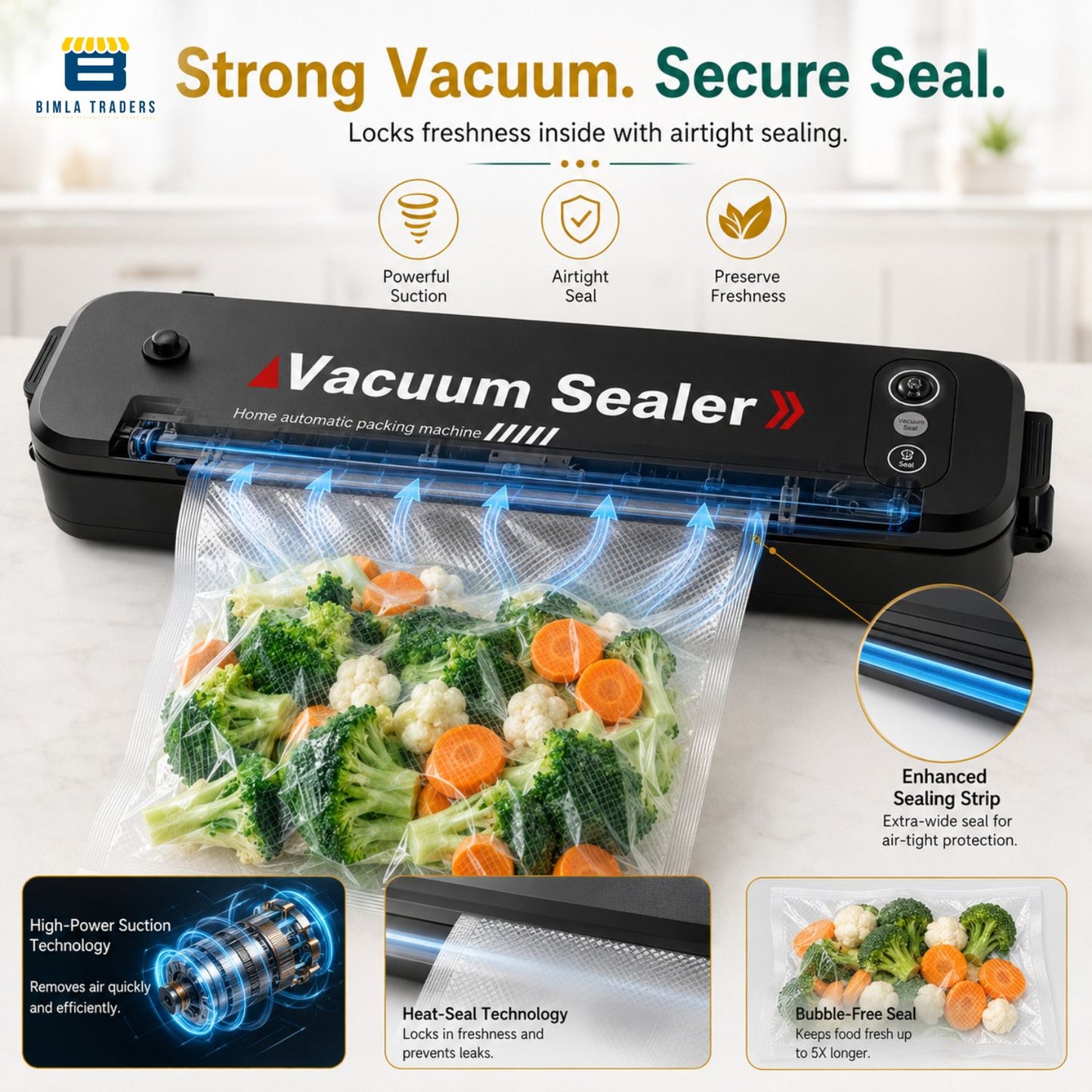 Bimla Traders Vacuum Sealer Machine – Food Preservation & Vacuum Packaging for Snacks, Vegetables, Meat | Small Kitchen Appliance for Home & Garden | Easy Vacuum Sealing for Freshnes. Pack of 1