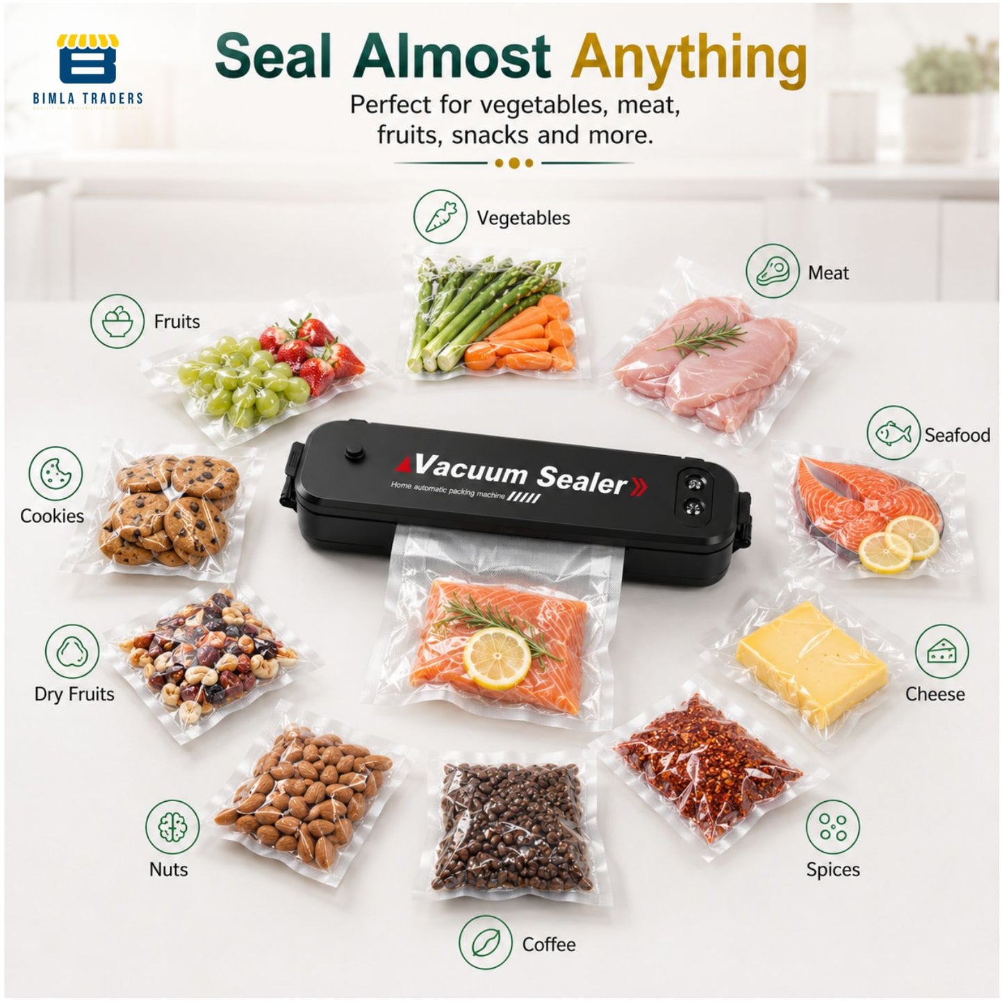 Bimla Traders Vacuum Sealer Machine – Food Preservation & Vacuum Packaging for Snacks, Vegetables, Meat | Small Kitchen Appliance for Home & Garden | Easy Vacuum Sealing for Freshnes. Pack of 1