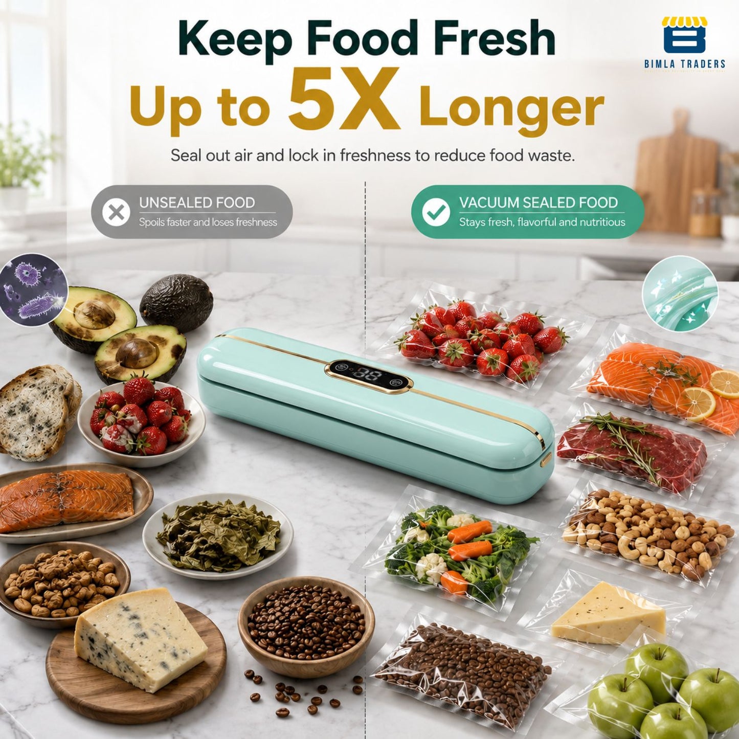 Bimla Traders Vacuum Sealer Machine – Food Preservation & Vacuum Packaging for Snacks, Vegetables, Meat | Small Kitchen Appliance for Home & Garden | Easy Vacuum Sealing for Freshnes. Pack of 1
