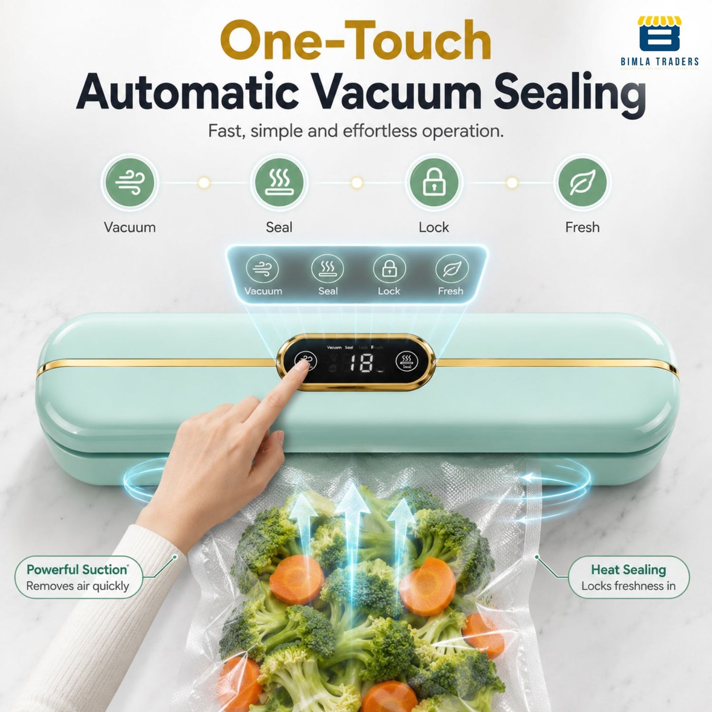 Bimla Traders Vacuum Sealer Machine – Food Preservation & Vacuum Packaging for Snacks, Vegetables, Meat | Small Kitchen Appliance for Home & Garden | Easy Vacuum Sealing for Freshnes. Pack of 1