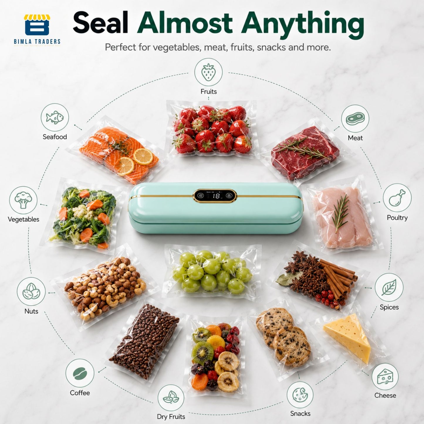 Bimla Traders Vacuum Sealer Machine – Food Preservation & Vacuum Packaging for Snacks, Vegetables, Meat | Small Kitchen Appliance for Home & Garden | Easy Vacuum Sealing for Freshnes. Pack of 1